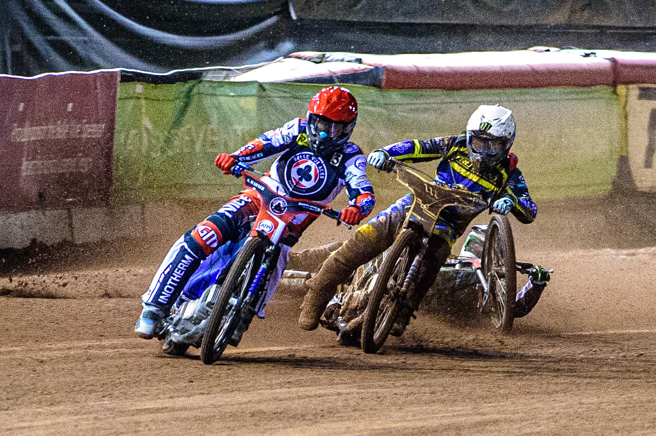 Jack Holder  (White) collides with Charles Wright  (Blue) behind Matej Zagar  (Red) during the SGB Premiership Grand Final 1st leg between Belle Vue Aces and Sheffield Tigers at the National Speedway Stadium, Manchester on Monday 10th October 2022. (Credit: Ian Charles | MI News)
