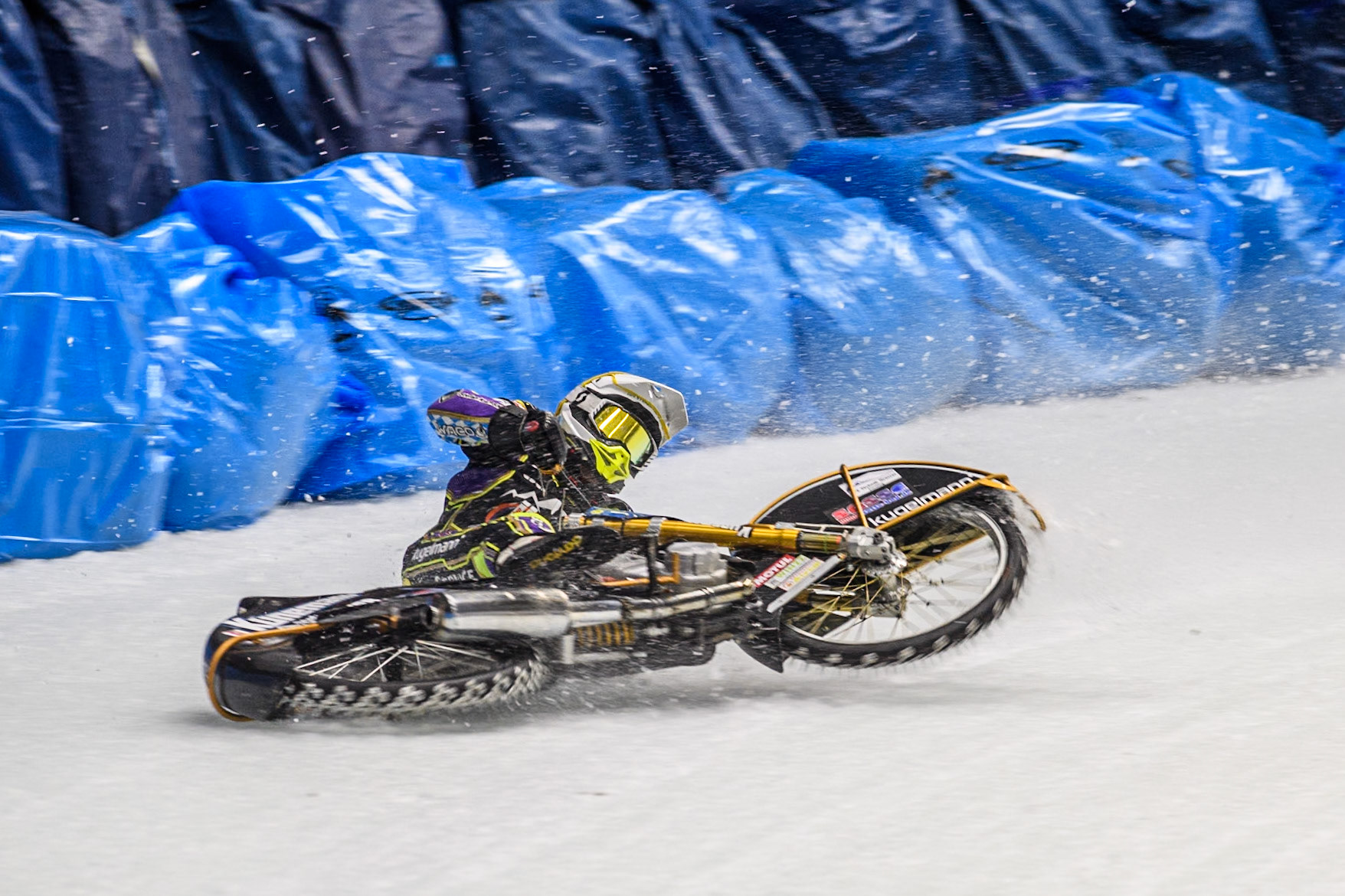 Max Niedermaier  (88) of Germany spins off and hits the bales during the Ice Speedway Gladiators World Championship Final 1 at Max-Aicher-Arena, Inzell on Saturday 15th March 2025. (Photo: Ian Charles | MI News)
