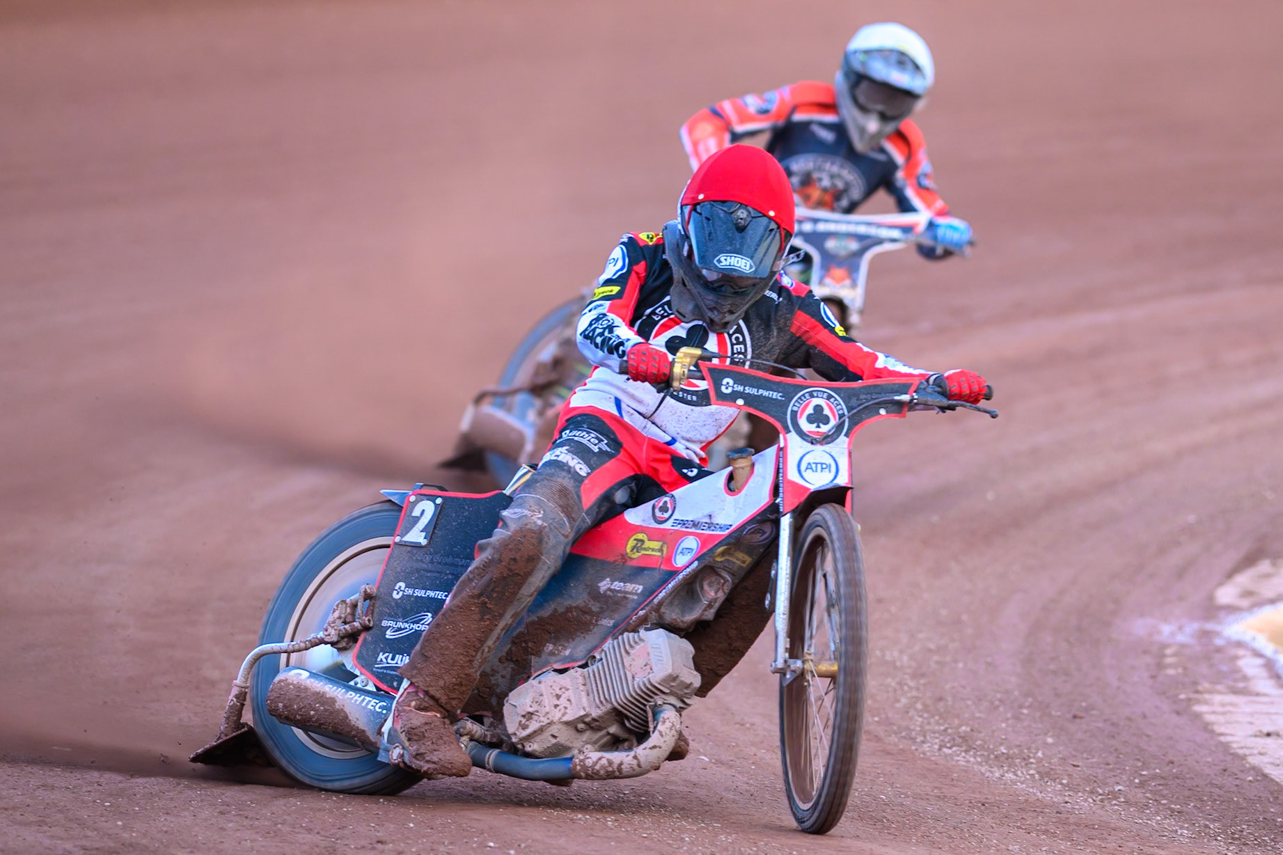Norick Blodorn of Belle Vue Aces in Red leading Kye Thomson of Northampton Foxes in White during the Rowe Motor Oil Premiership match between Belle Vue Aces and Northampton Foxes at the National Speedway Stadium, Manchester on Monday 13th July 2026. (Photo: Ian Charles | MI News)