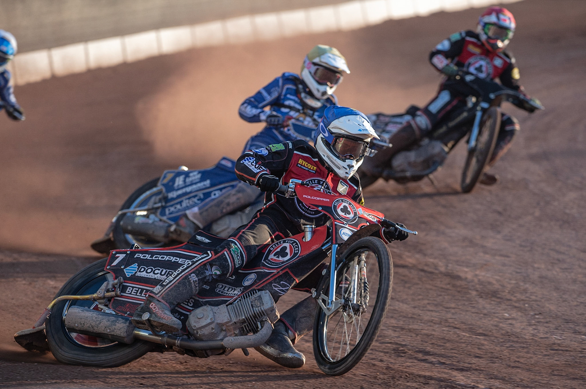 Photo: Ian Charles

​Jaimon Lidsey​  (Blue) leads Kasper Andersen  (Yellow) and ​Ricky Wells​​  (Red)

Belle Vue Aces v Kings Lynn Stars, British Speedway Premiership, Belle Vue National Speedway Stadium, Manchester, Thursday 16  May  2019
