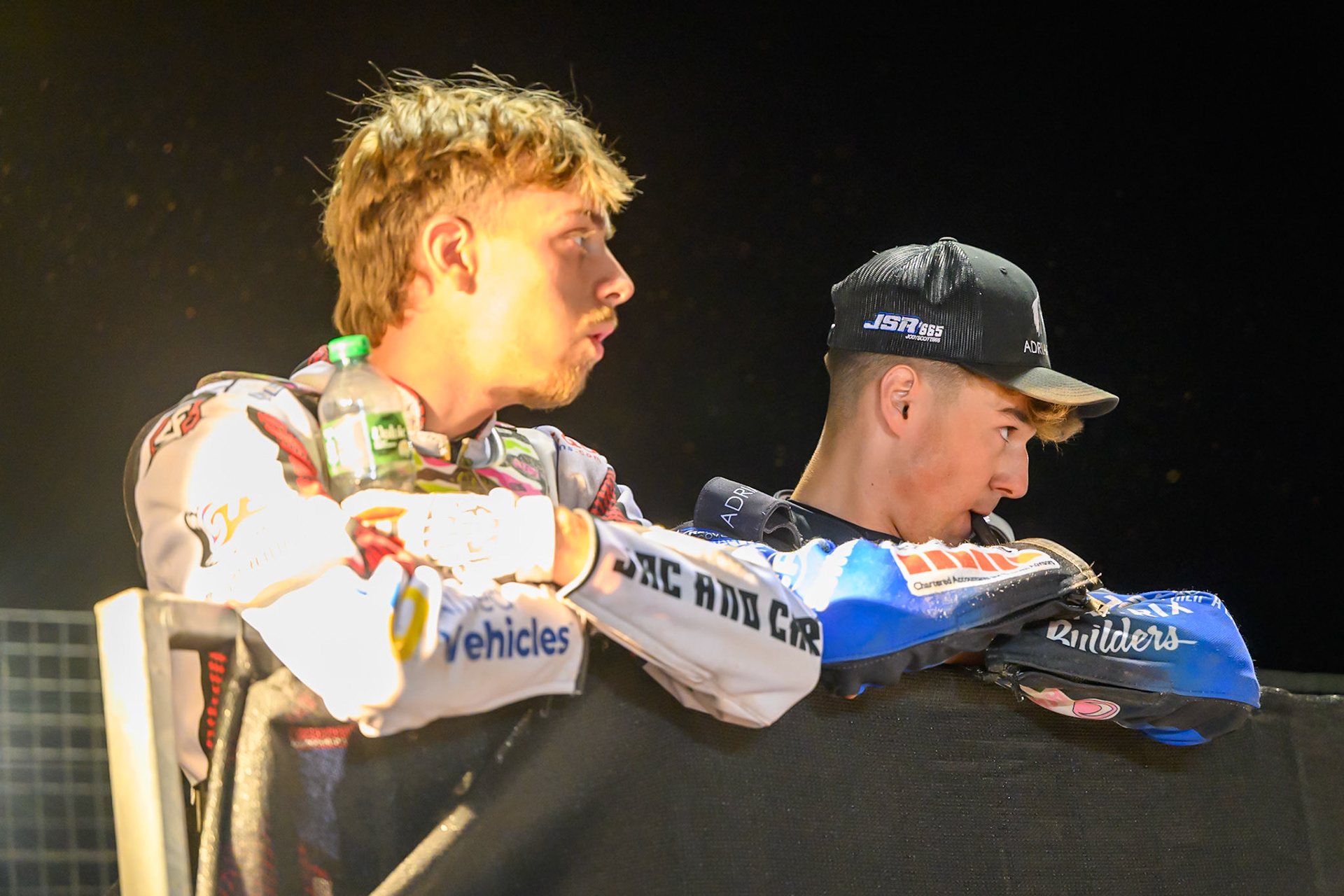 Ace Pijper (3) (Left)  and Jody Scott (13)  watch the riders in the Grand Final select their gate positions during the Cab Direct British Speedway Championship Final at the National Speedway Stadium, Manchester on Saturday 15th August 2026. (Photo: Ian Charles | MI News)