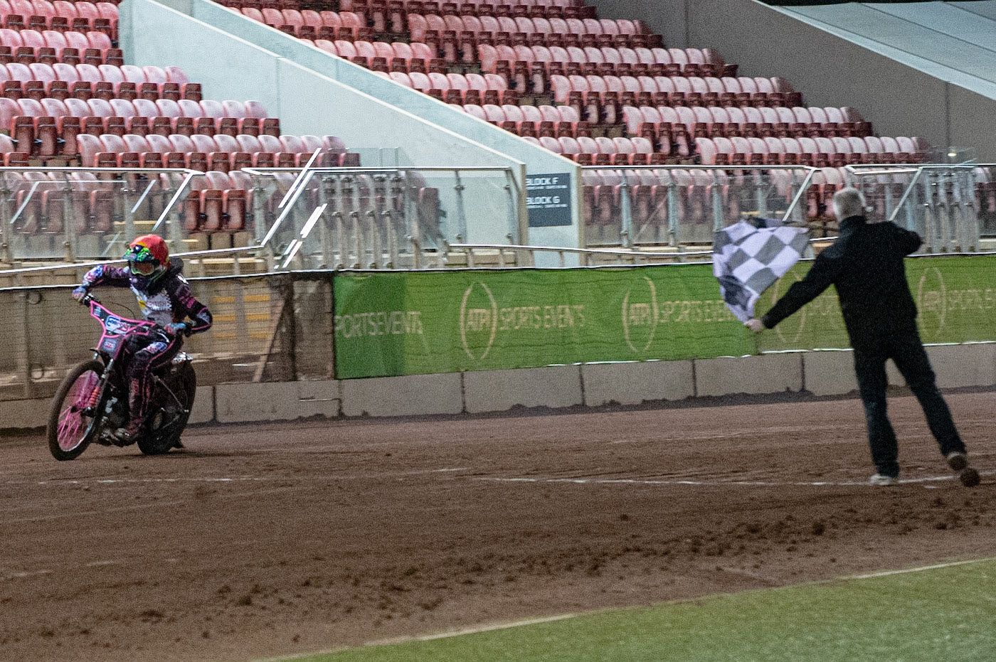 Photo: Ian CharlesDanny Smith takes the cheque flag in the 500cc B Class FinalBritish Youth Speedway Championship (Round 5), National Speedway Stadium, Manchester Saturday  10  October  2020