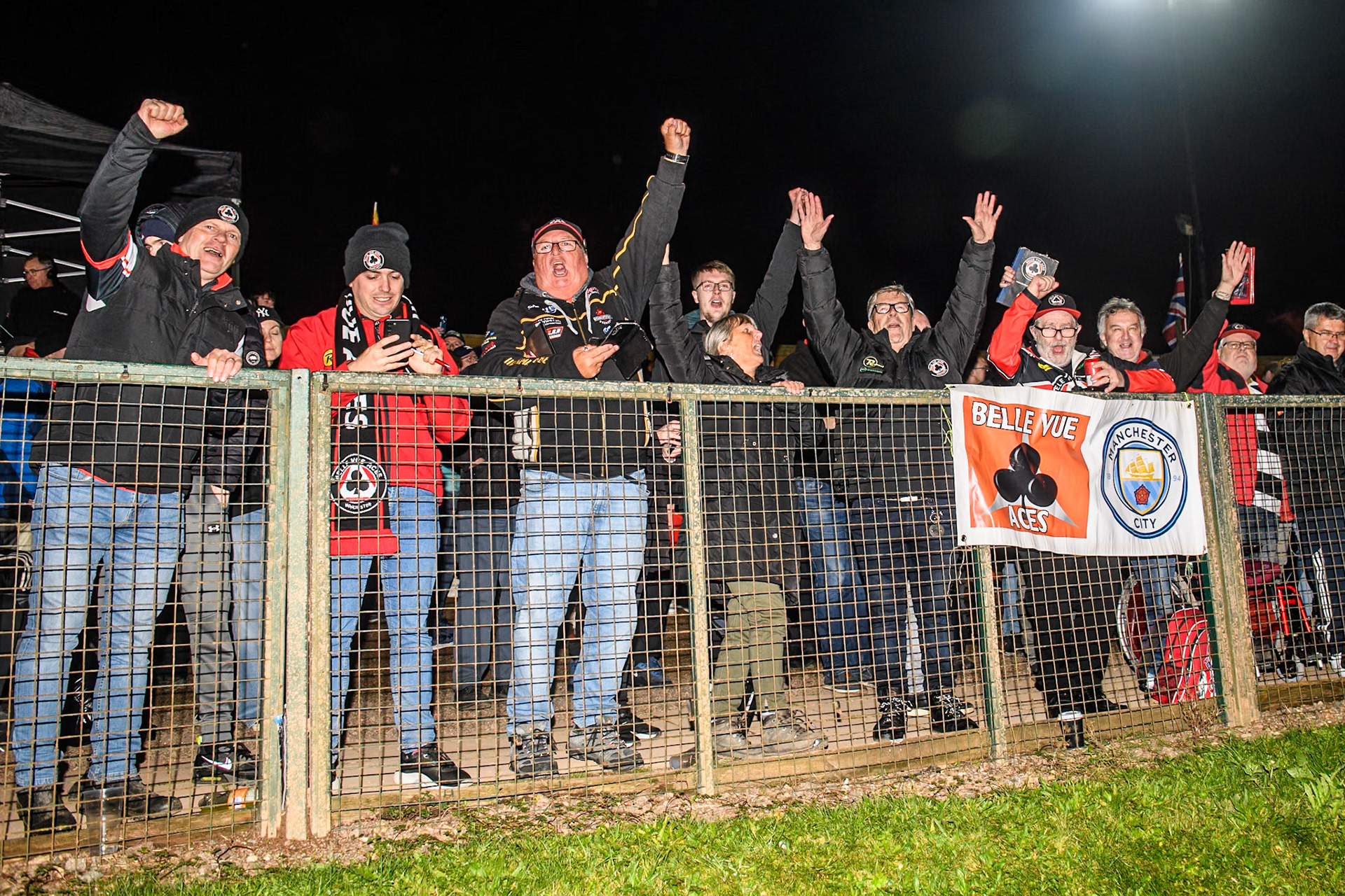 Belle Vue ATPI Aces fans celebrating during the Rowe Motor Oil Premiership Grand Final 2nd Leg between Leicester Lions and Belle Vue Aces at the Pidcock Motorcycles Arena, Leicester on Thursday 26th September 2024. (Photo: Ian Charles | MI News)