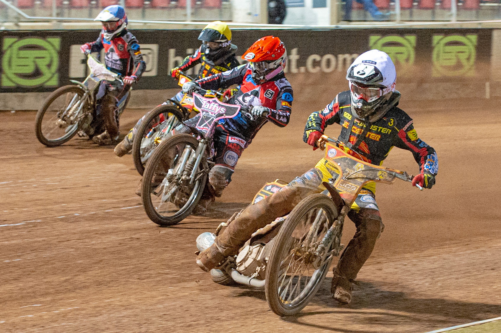 Photo: Ian Charles

From the inside: Joe Thomson  (White) Leon Flint  (Red) Dan Thomson  (Yellow) and Ben Rathbone  (Blue)

Belle Vue Colts v Leicester Lion Cubs, SGB National League KO Cup Final (2nd Leg), Belle Vue National Speedway Stadium, Manchester, Tuesday 29  October  2019