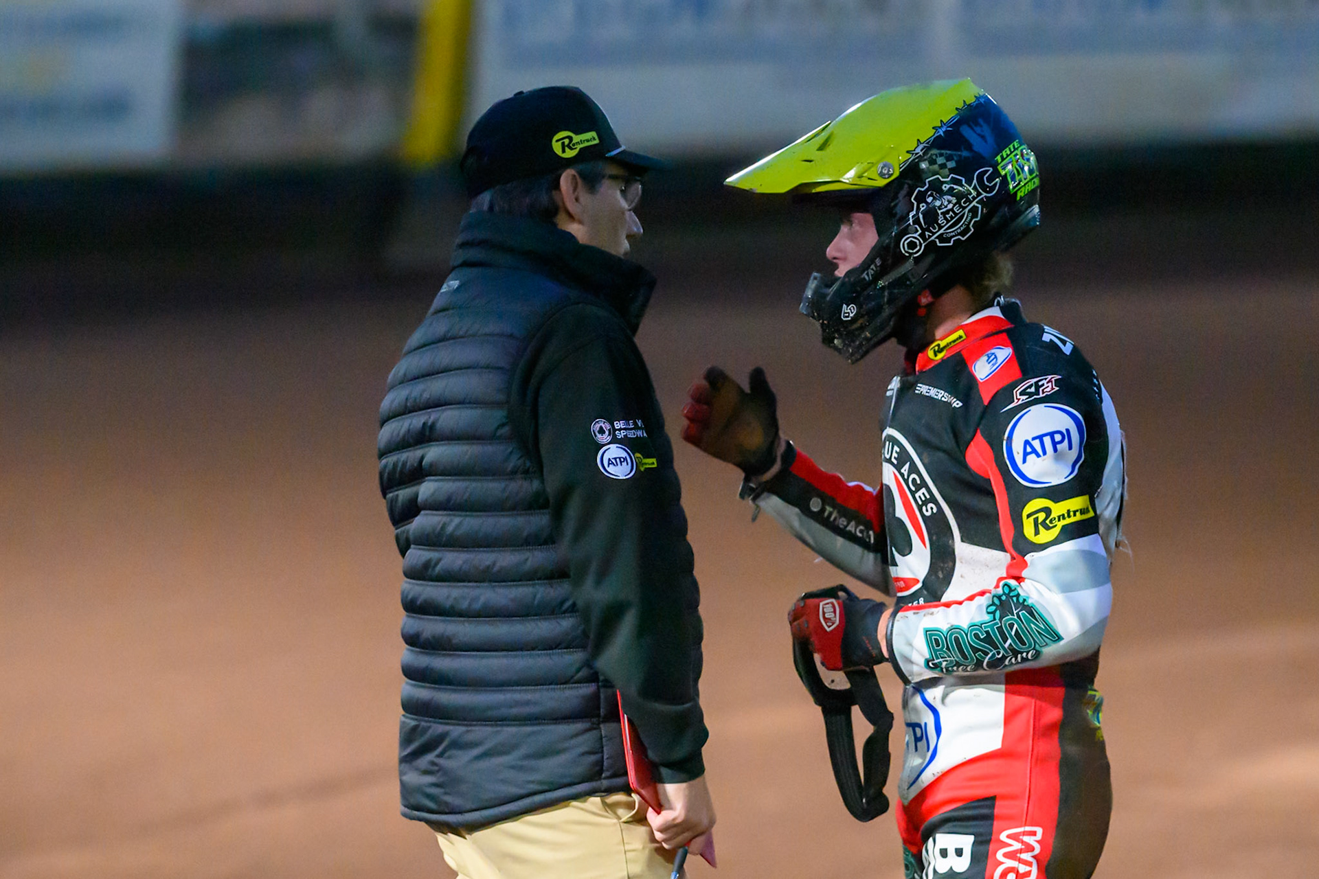 Mark Lemon, Team Manager of Belle Vue Aces  (Left)  with Tate Zischke of Belle Vue Aces   after his Heat 6 fall during the Rowe Motor Oil Premiership match between Leicester Lions and Belle Vue Aces at the Hydroscan Arena, Leicester on Monday 7th September 2026. (Photo: Ian Charles | MI News)