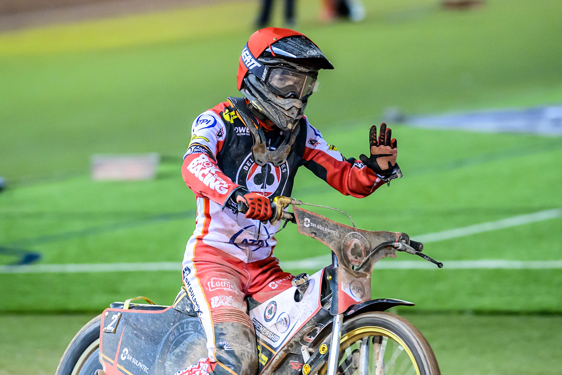 Norick Blödorn of Belle Vue Aces  acknowledges the fans after his heat 8 win during the Rowe Motor Oil Premiership Play Off Semi Final 1 (1st Leg)  between Belle Vue Aces and Ipswich Witches at the National Speedway Stadium, Manchester on Monday 8th September 2025. (Photo: Ian Charles | MI News)