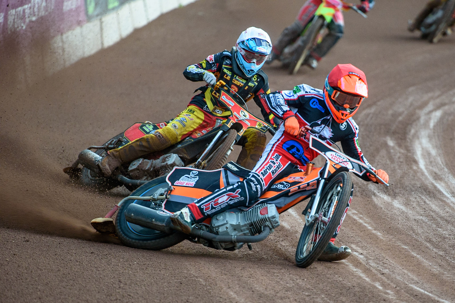 MANCHESTER, UK. JULY 29TH  Connor Coles (Red) leads Joe Thompson (White)  during the National Development League match between Belle Vue Colts and Leicester Lion Cubs at the National Speedway Stadium, Manchester on Thursday 29th July 2021. (Credit: Ian Charles | MI News)
