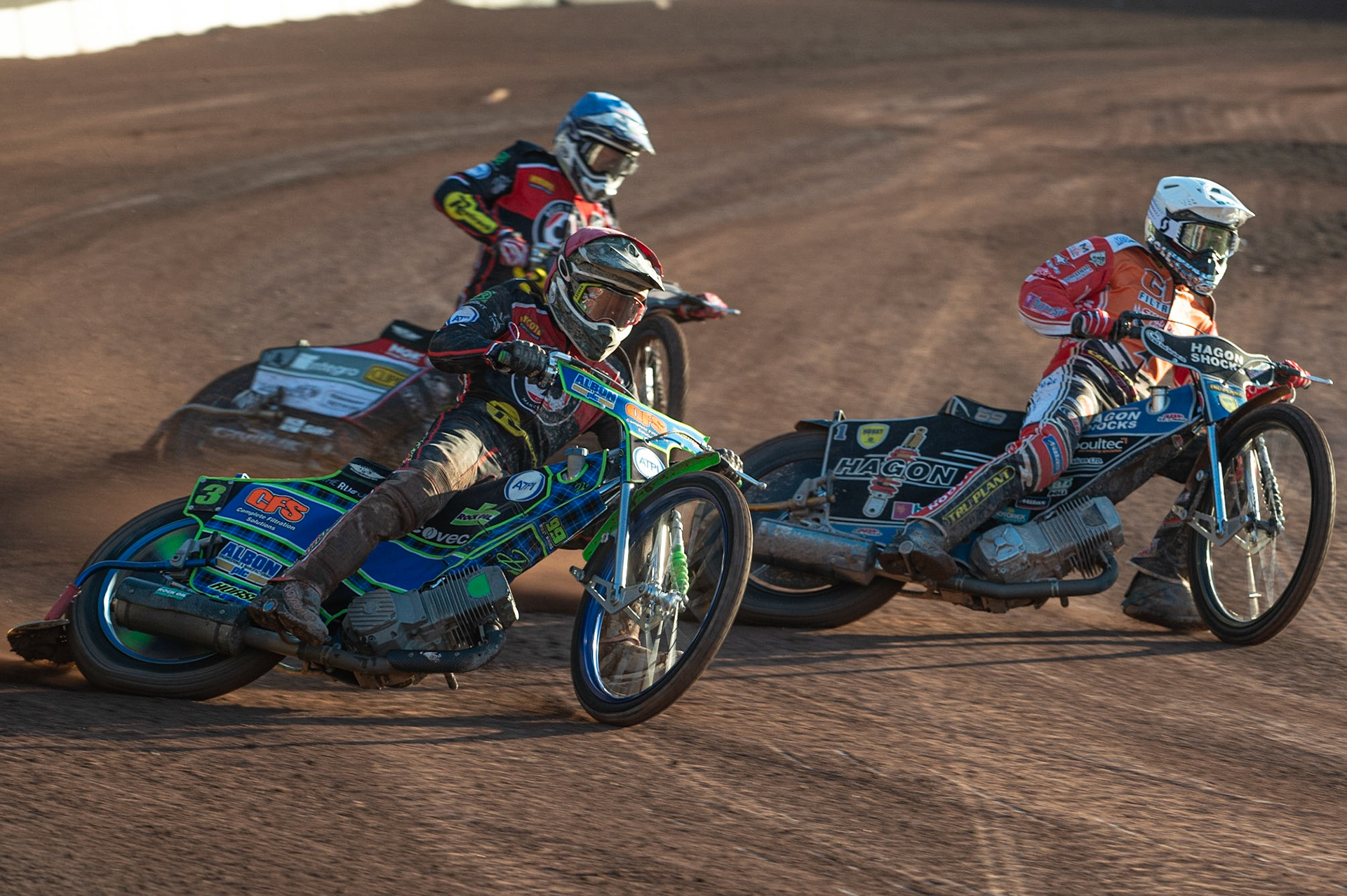Photo: Ian Charles

Dan Bewley  (Red) outside Jason Doyle  (White) with Steve Worrall  (Blue) behind

Belle Vue Aces v Swindon Robins, British Speedway Premiership, Belle Vue National Speedway Stadium, Manchester, Monday 20  May  2019