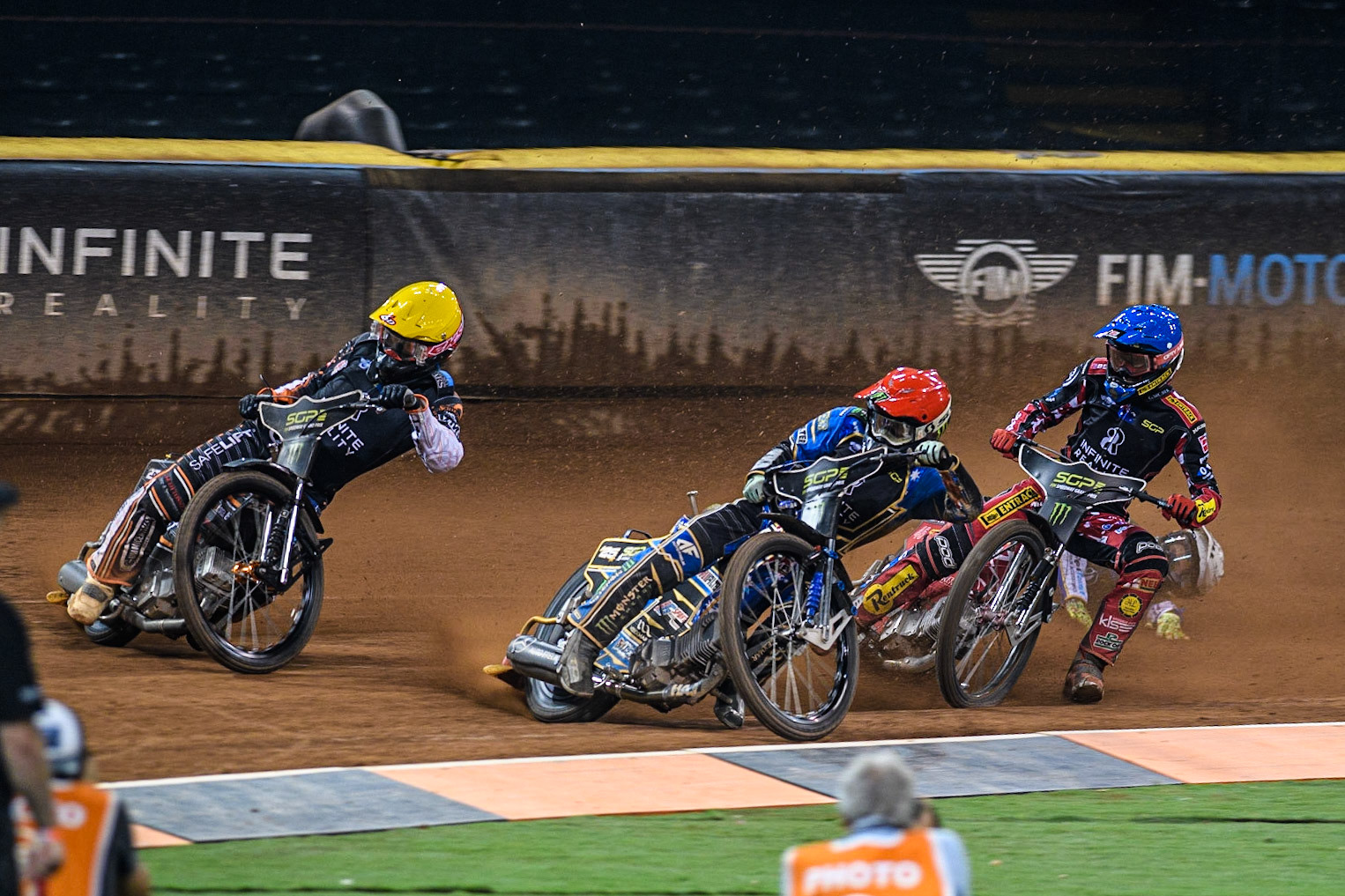 Jack Holder (25) (Red) inside Kim Nilsson (233) (Yellow) with Max Fricke (46) (Blue) behind as Jason Doyle (69) falls at the back during the FIM Speedway Grand Prix of Great Britain at the Principality Stadium, Cardiff on Saturday 2nd September 2023. (Photo: Ian Charles | MI News)