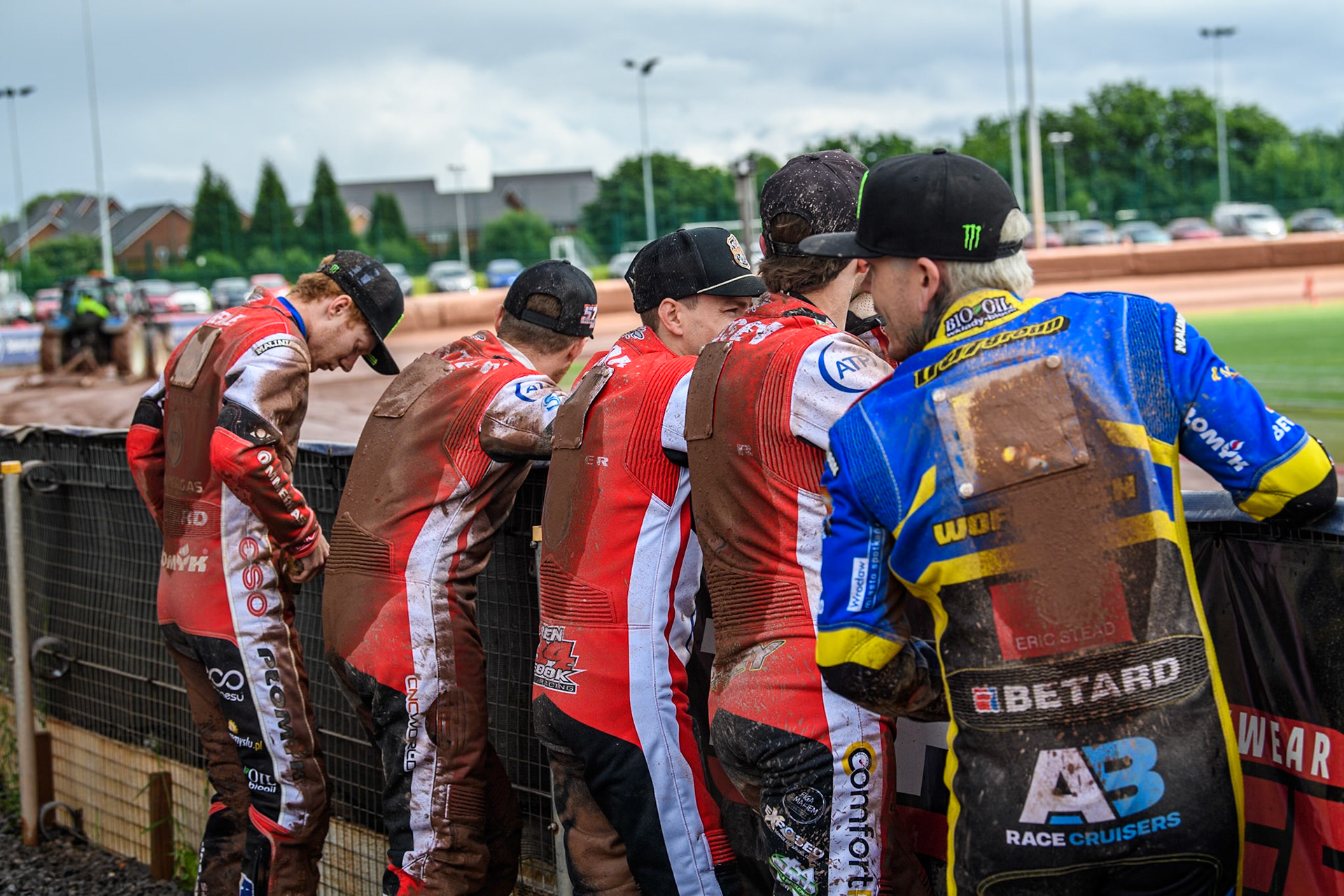 Riders watch the extensive track work during the Rowe Motor Oil Premiership match between Belle Vue Aces and Sheffield Tigers at the National Speedway Stadium, Manchester on Monday 27th May 2024. (Photo: Ian Charles | MI News)