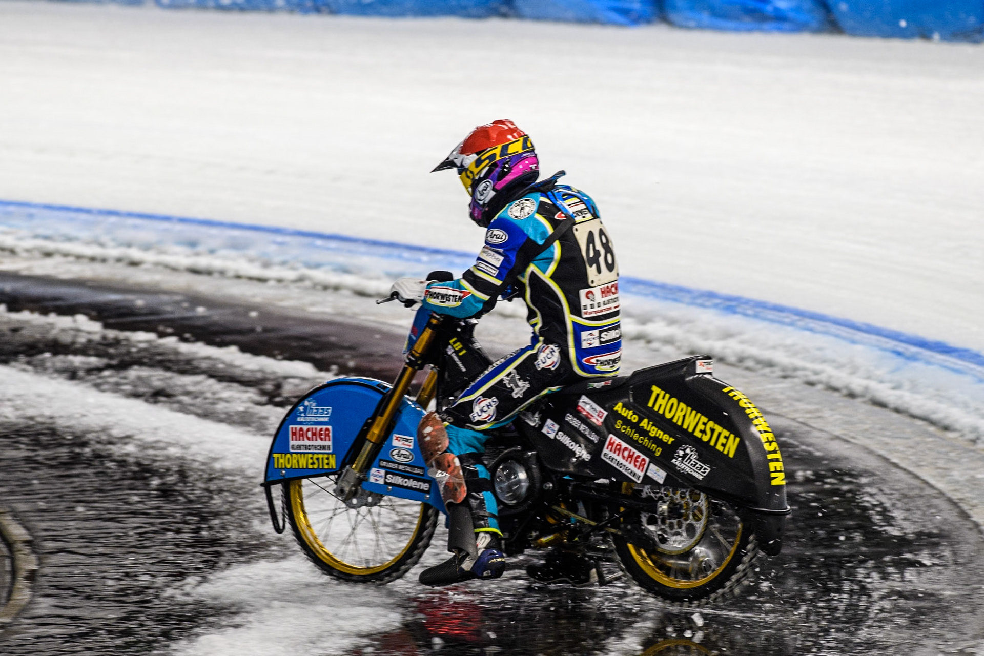 Luca Bauer (48) of Germany spins and leaves the track during the Ice Speedway Gladiators World Championship Final 1 at Max-Aicher-Arena, Inzell on Saturday 15th March 2025. (Photo: Ian Charles | MI News)