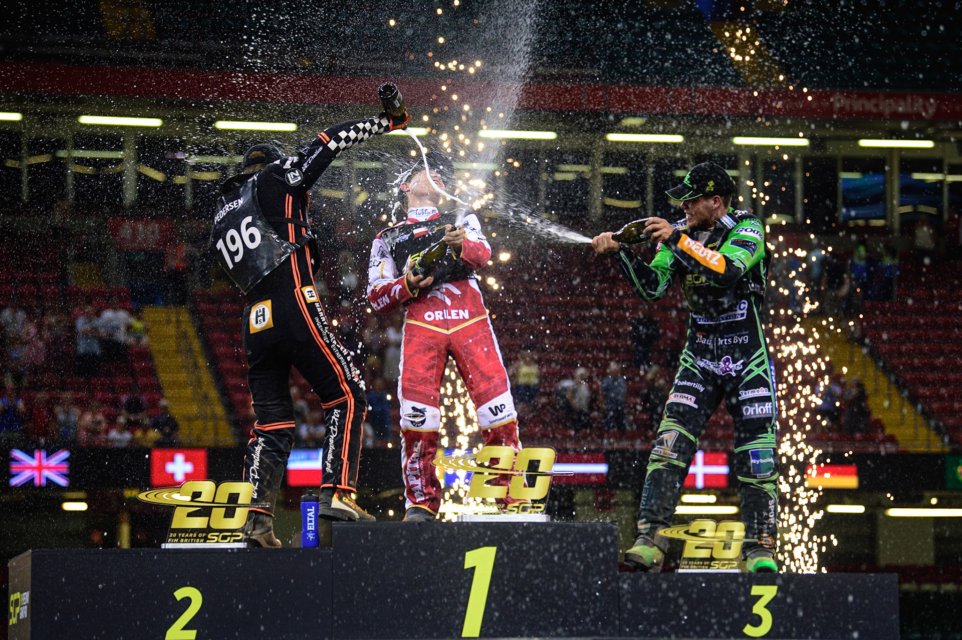 Champagne celebrations during the FIM  Speedway Grand Prix  2 of Great Britain at the Principality Stadium, Cardiff on Sunday 14th August 2022. (Credit: Ian Charles | MI News)