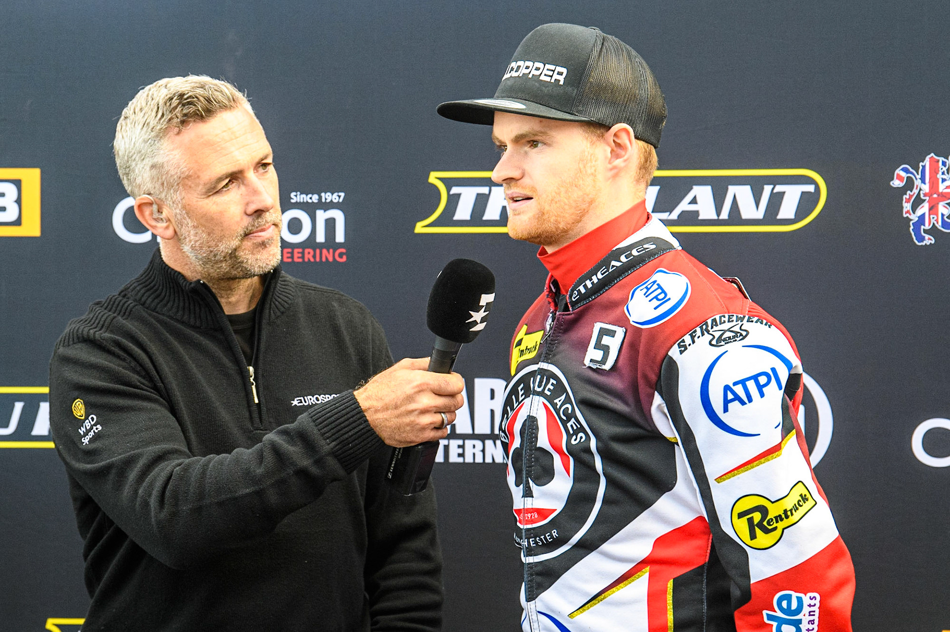 Brady Kurtz (right) is interviewed by Scott Nicholls during the Sports Insure Premiership match between Belle Vue Aces and Ipswich Witches at the National Speedway Stadium, Manchester on Monday 17th July 2023. (Photo: Ian Charles | MI News)