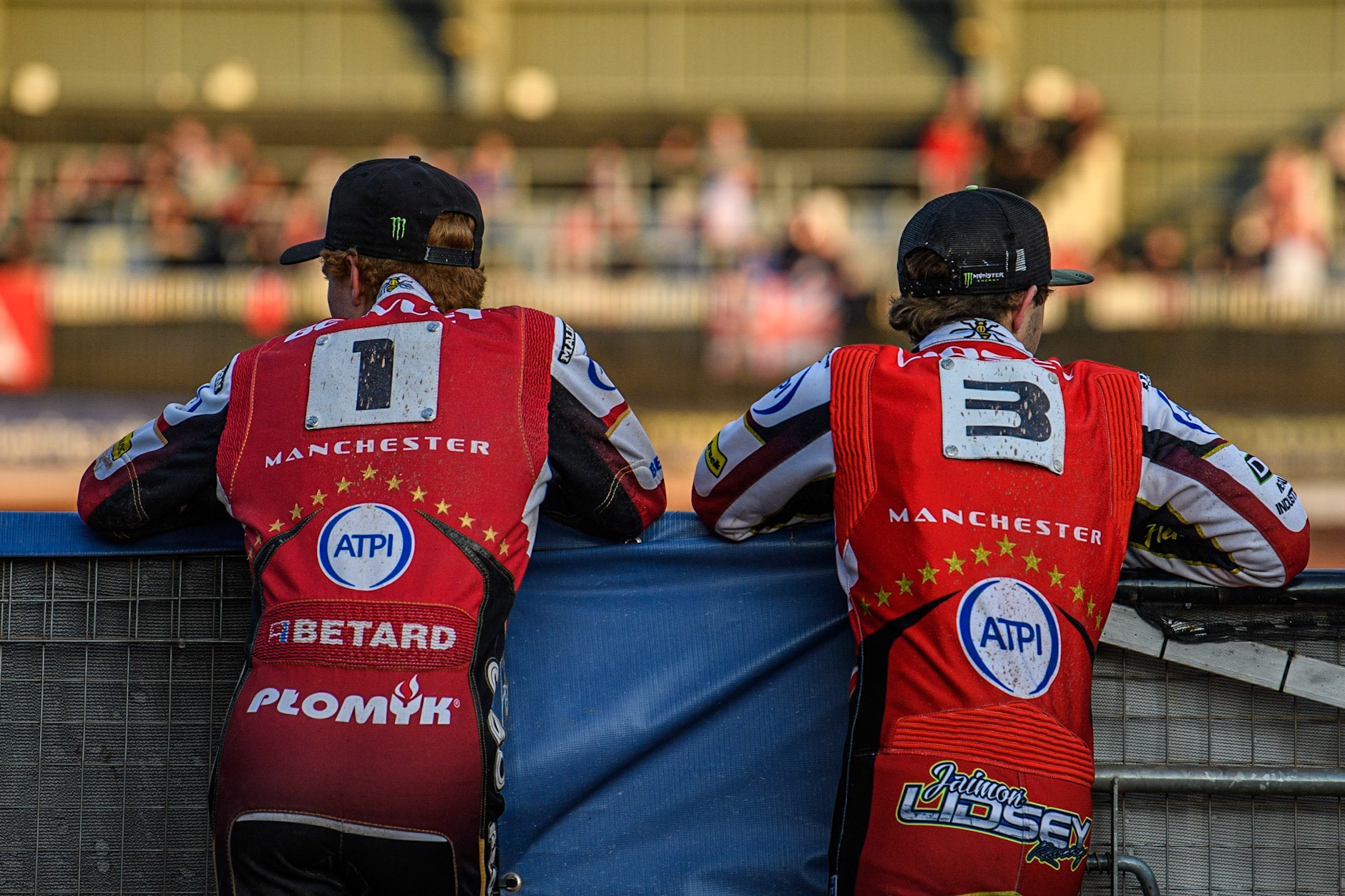 Dan Bewley (left) and Jaimon Lidsey watch the track prep during the Sports Insure Premiership match between Belle Vue Aces and Peterborough at the National Speedway Stadium, Manchester on Monday 19th June 2023. (Photo: Ian Charles | MI News)