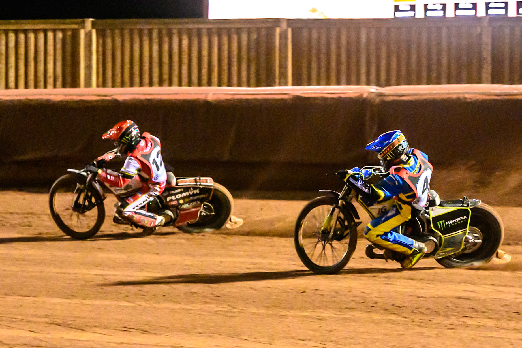 Dan Bewley of Great Britain  leading Chris Holder of Australia in the six rider final during the Peter Craven Memorial Trophy at the National Speedway Stadium, Manchester, on Monday 16th March 2026. (Photo: Ian Charles | MI News)