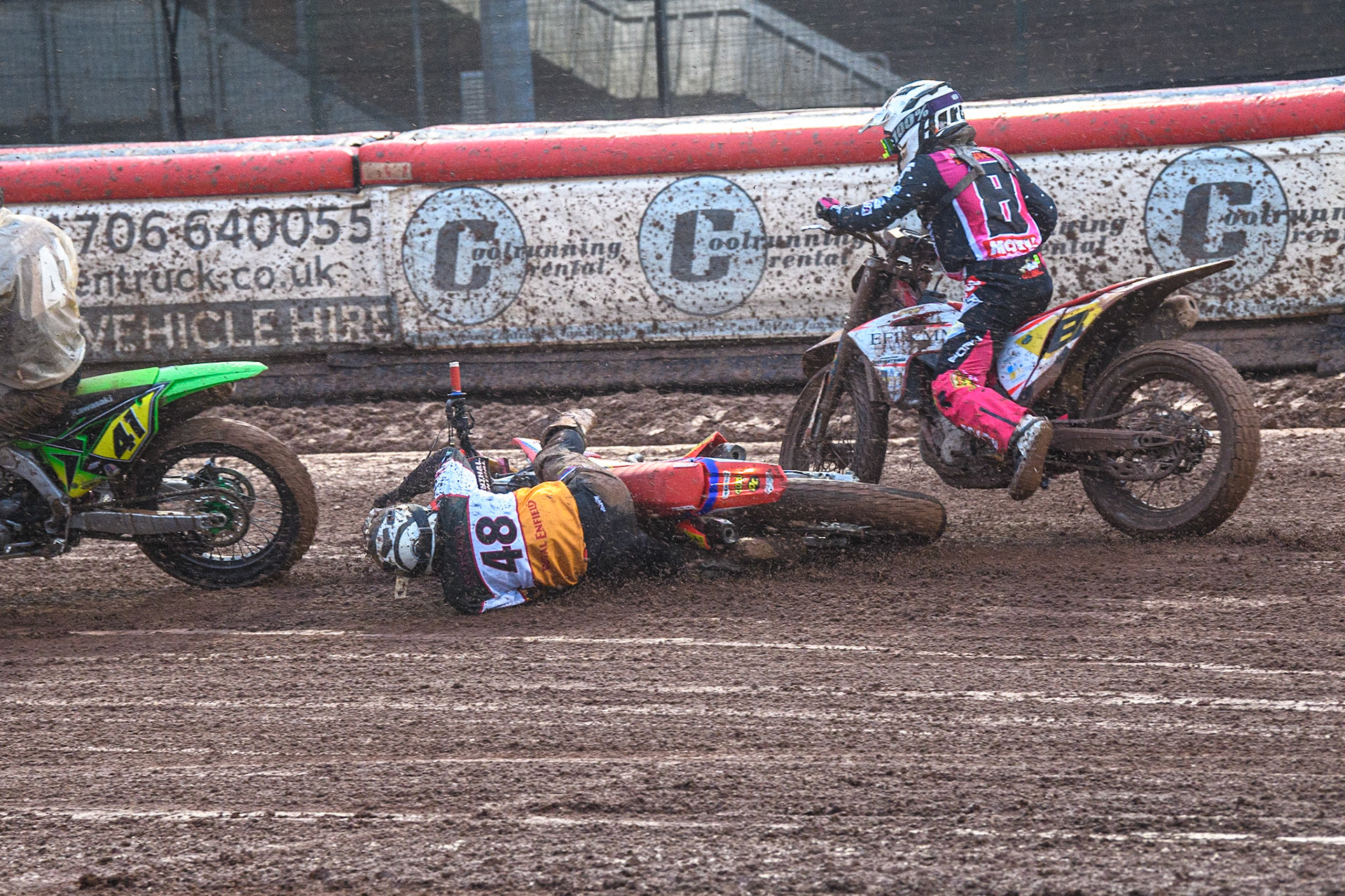 Nico Sorbo (48) from Italy slides off during the FIM World Flat Track Championship Round 1 at the National Speedway Stadium, Manchester on Saturday 5th August 2023. (Photo: Ian Charles | MI News)