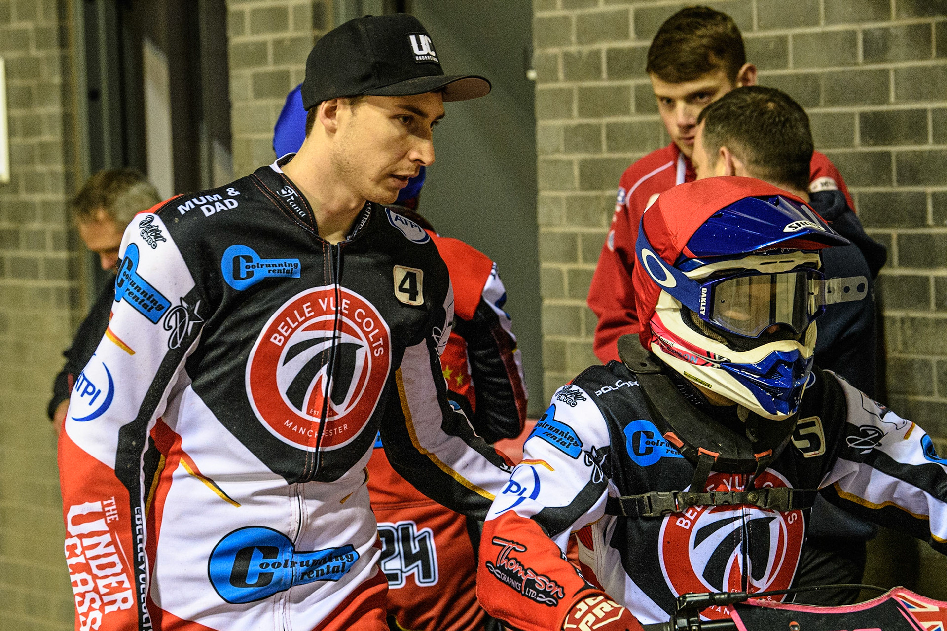 Matt Marson (left) encourages James Pearson  before his final heat during the National Development League match between Belle Vue Colts and Oxford Chargers at the National Speedway Stadium, Manchester on Friday 12th May 2023. (Photo: Ian Charles | MI News)