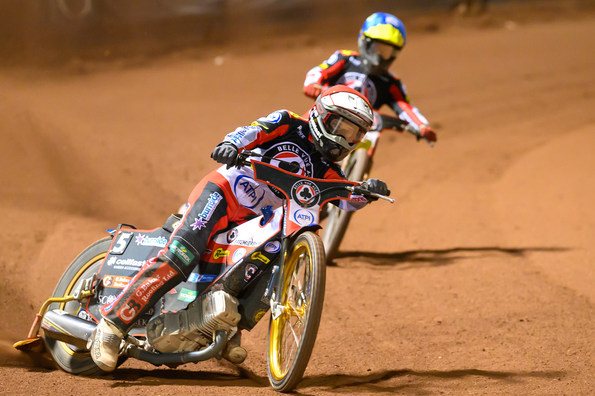 Jason Doyle of Belle Vue Aces in Red leading Tate Zischke of Belle Vue Aces in Blue during the Rowe Motor Oil Premiership match between Belle Vue Aces and Sheffield Tigers at the National Speedway Stadium, Manchester on Monday 14th September 2026. (Photo: Ian Charles | MI News)