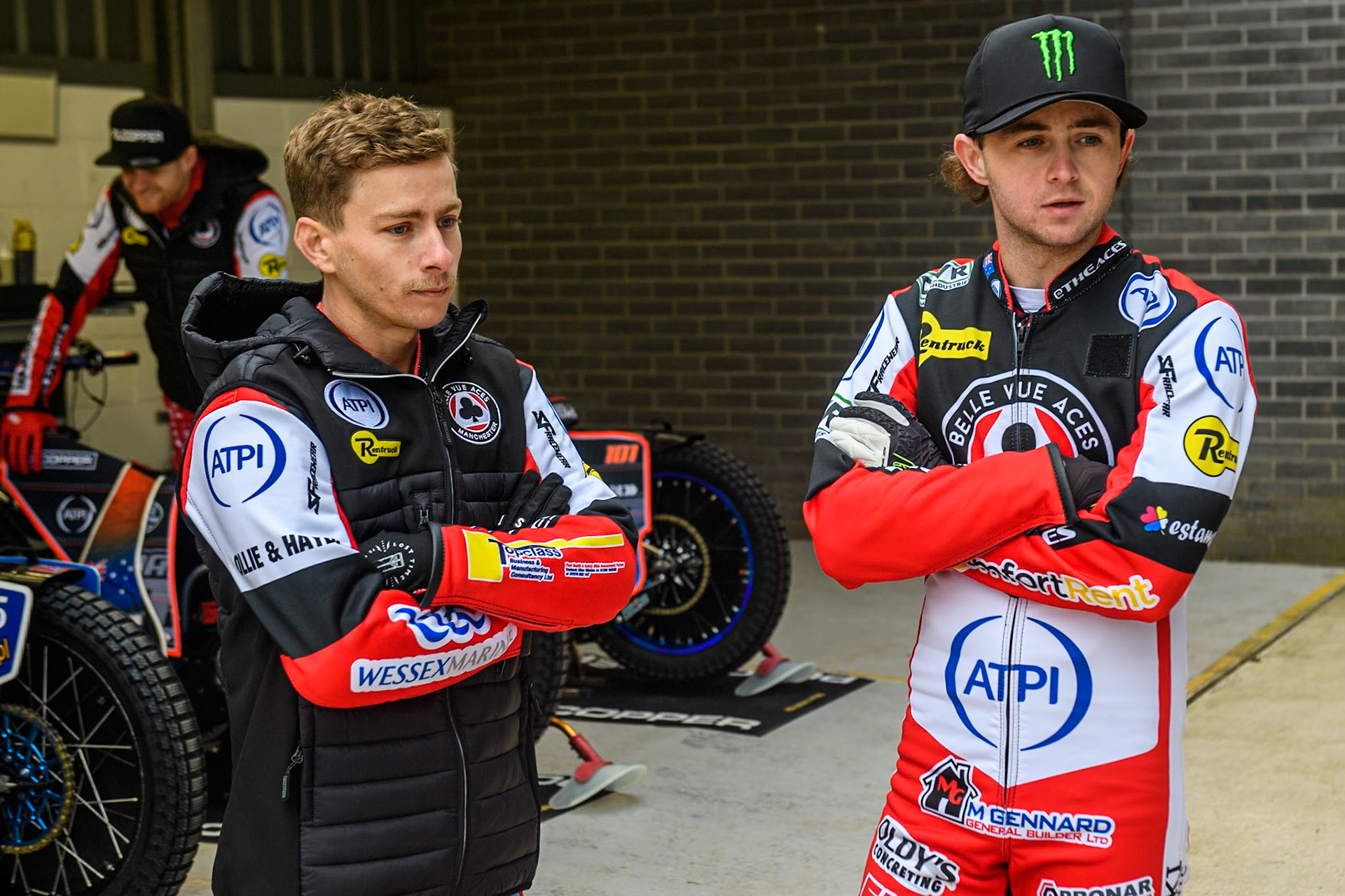 Ben Cook (left) and Jaimon Lidsey in the pits before the bikes go out during the Belle Vue Aces Media Day at the National Speedway Stadium, Manchester on Monday 11th March 2024. (Photo: Ian Charles | MI News)