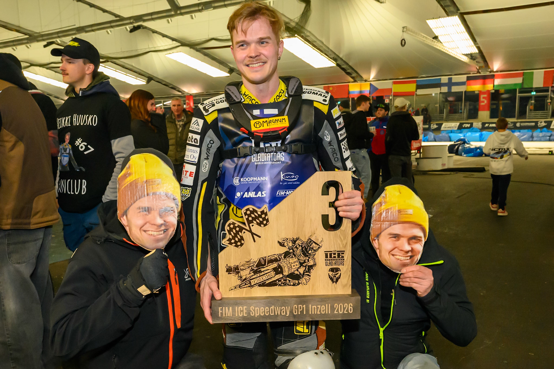 Heikki Huusko (67) of Finland  with his fans and their masks during the Ice Speedway Gladiators World Championship Final 1 at Max-Aicher-Arena, Inzell on Saturday 14th March 2026. (Photo: Ian Charles | MI News)