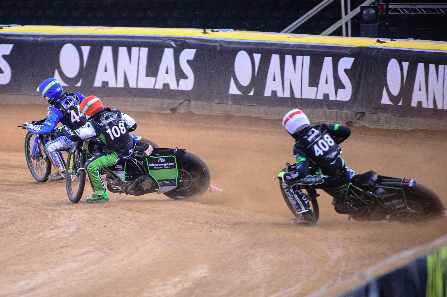 Petr Chlupac (Czech Republic)  (Blue) leads Mateusz Swidnicki (Poland)  (Red) and Jonas Knudsen (Denmark)  (White) during the FIM  Speedway Grand Prix  2 of Great Britain at the Principality Stadium, Cardiff on Sunday 14th August 2022. (Credit: Ian Charles | MI News)