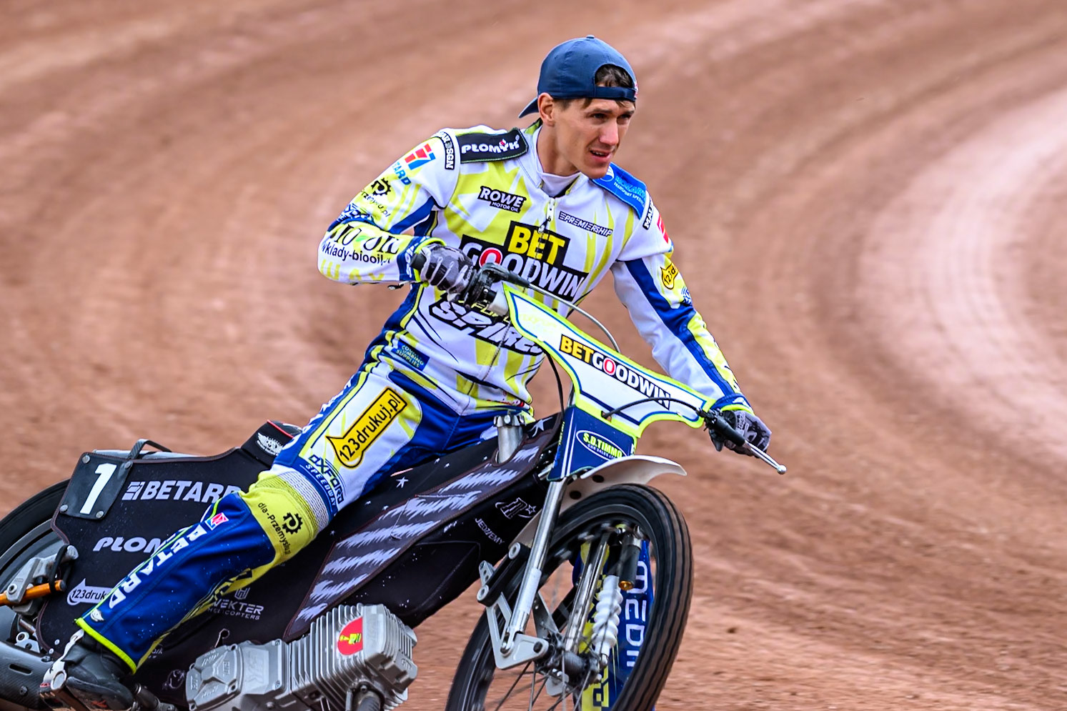 Oxford Spires' Maciej Janowski on the parade lap during the Rowe Motor Oil Premiership match between Belle Vue Aces and Oxford Spires at the National Speedway Stadium, Manchester on Monday 26th May 2025. (Photo: Ian Charles | MI News)