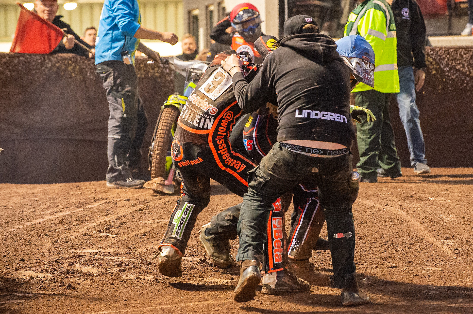 Photo by Ian Charles:

A scuffle breaks out between Rory Schlein  and Steve Worrall  after heat 10 

Belle Vue Aces v Wolverhampton Wolves, SGB Premiership, National Speedway Stadium, Manchester, Monday, 19, August, 2019