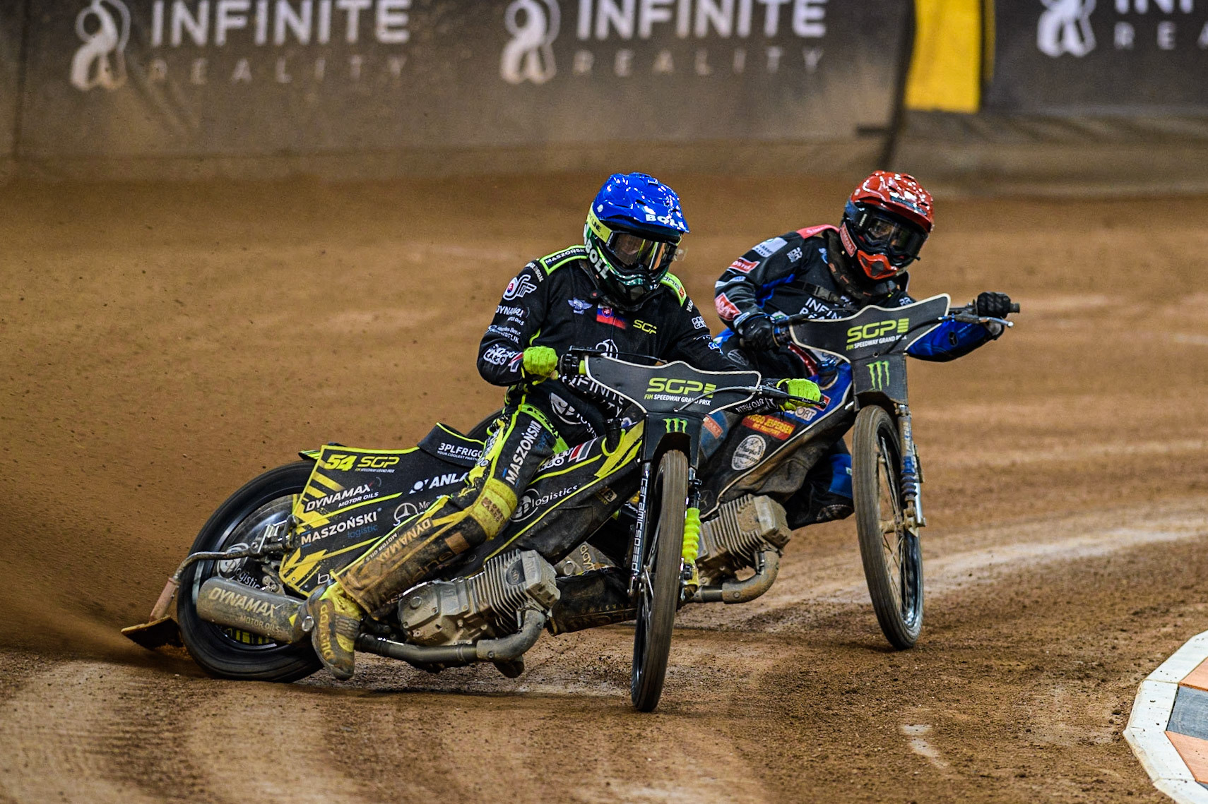 Martin Vaculik (54) (Blue) leads  Leon Madsen (30) (Red) during the FIM Speedway Grand Prix of Great Britain at the Principality Stadium, Cardiff on Saturday 2nd September 2023. (Photo: Ian Charles | MI News)