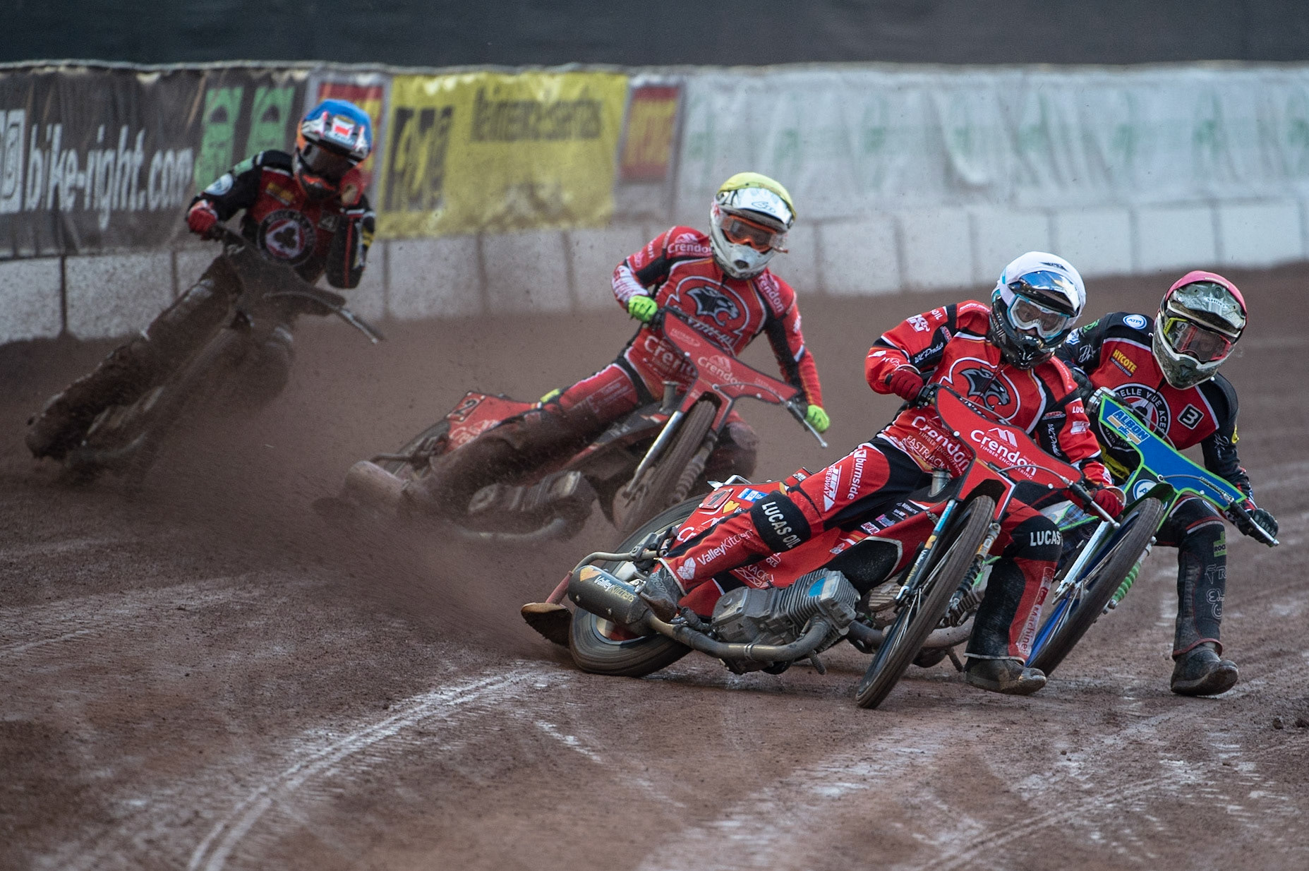 Photo by Ian Charles:

Rohan Tungate  (White) leads Dan Bewley (Red), Lasse Bjerre  (Yellow) and Ricky Wells (Blue)

Belle Vue Aces v Peterborough Panthers, British Speedway Premiership, National Speedway Stadium, Manchester, Monday, 29, April, 2019