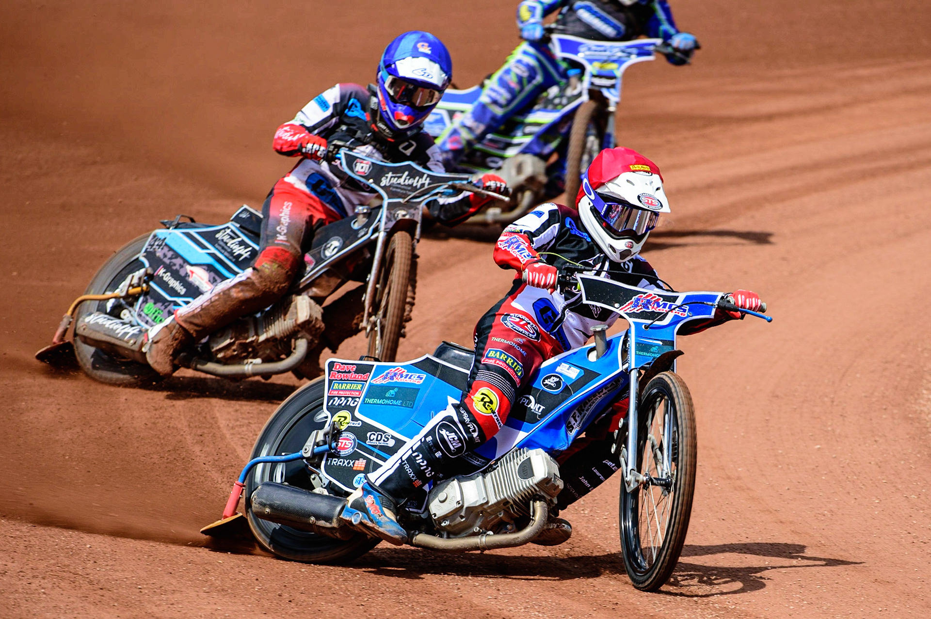 MANCHESTER, UK.  JUN 3RD  Archie Freeman  (Red) leads team mate Freddy Hodder  (Blue) as the Colts go for maximum heat points during the National Development League match between Belle Vue Colts and Oxford Chargers at the National Speedway Stadium, Manchester on Friday 3rd June 2022. (Credit: Ian Charles | MI News)