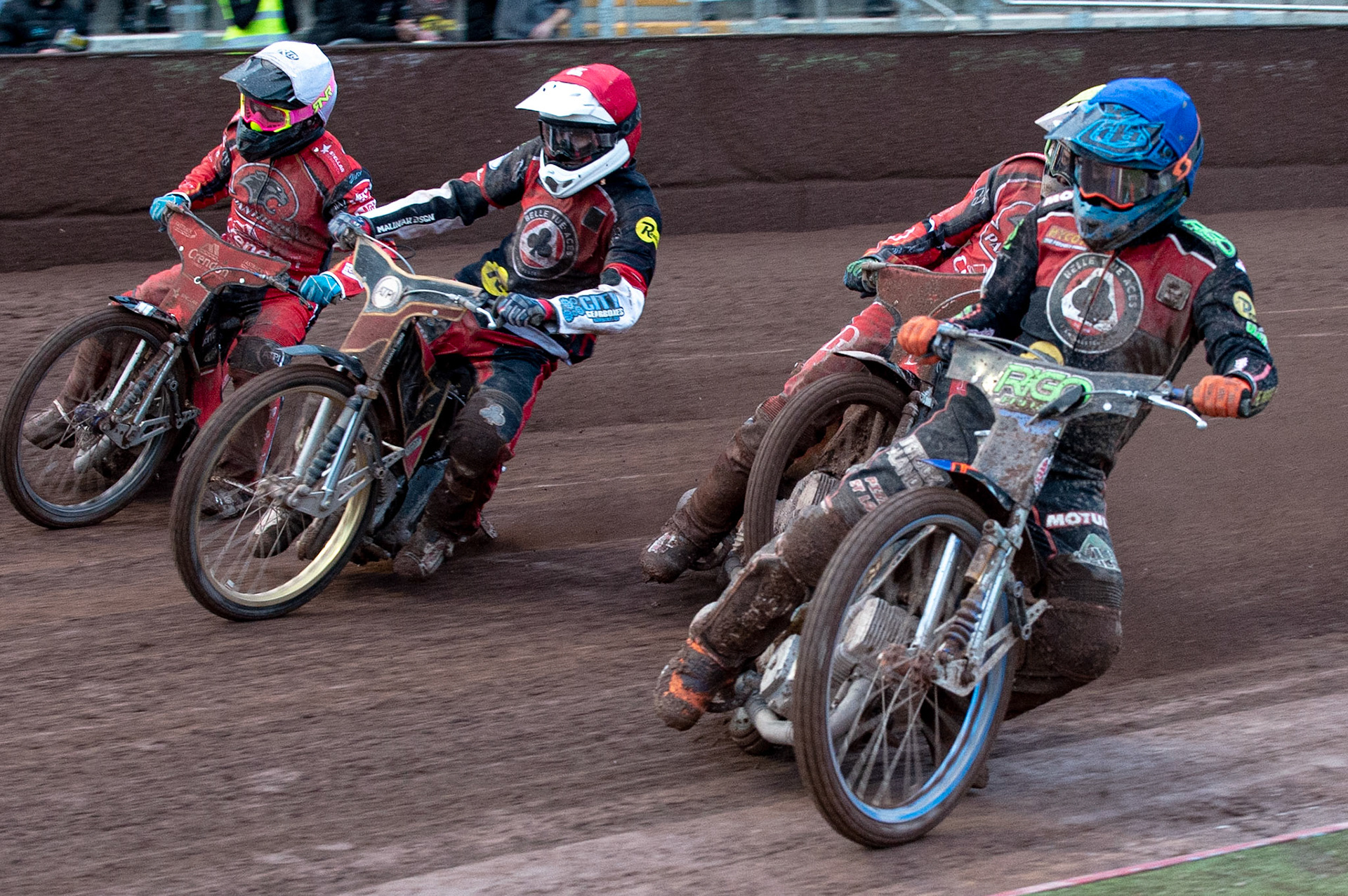Photo by Ian Charles:

Dimitri Berge  (Blue) inside Charles Wright  (Yellow), Max Fricke  (Red) and Scott Nicholls  (White)

Belle Vue Aces v Peterborough Panthers, British Speedway Premiership, National Speedway Stadium, Manchester, Thursday, 13, June, 2019