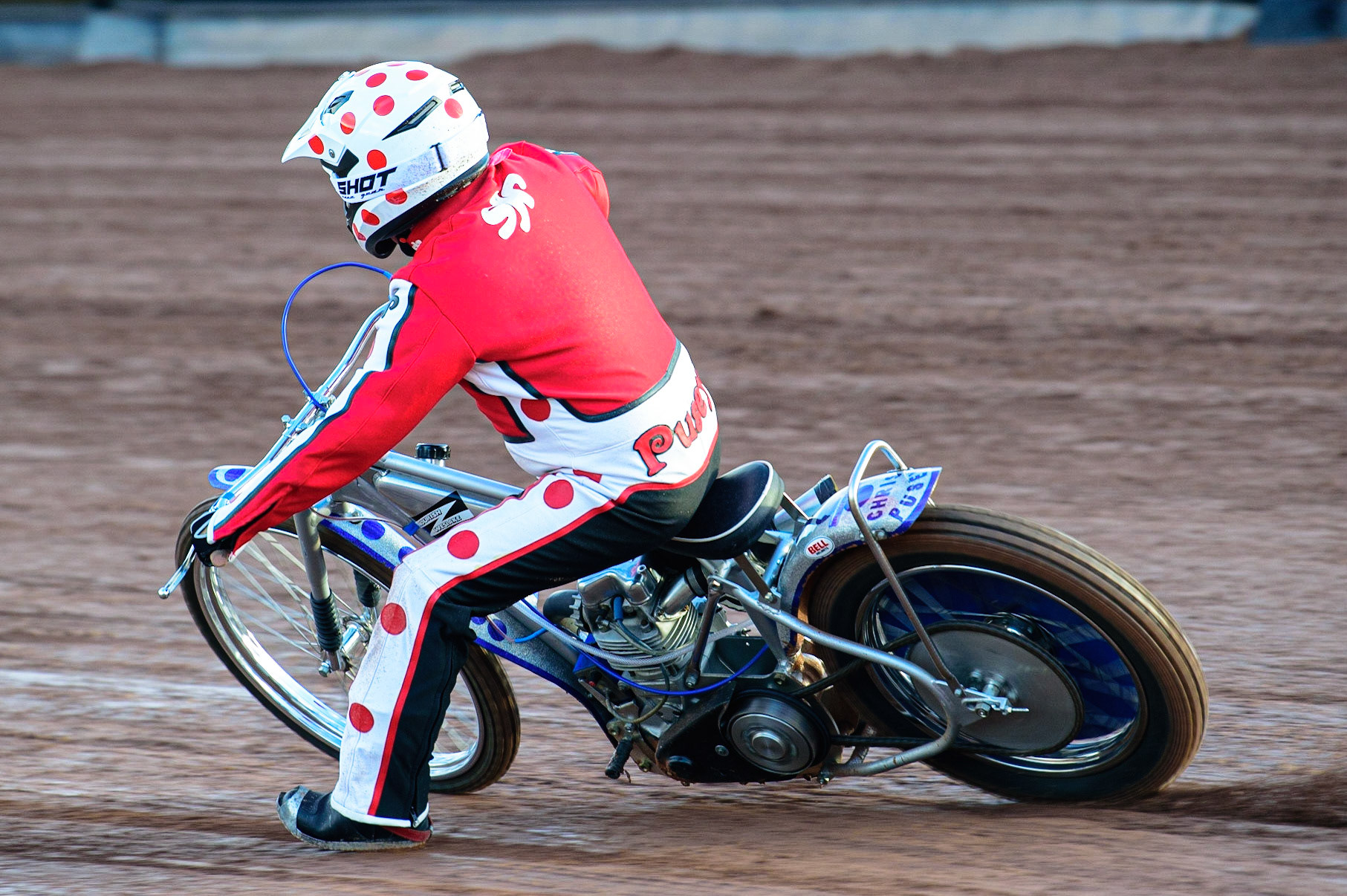 Geoff Pusey doing some demonstration laps on the restored Weslake Speedway bike, originally ridden by his late brother Chris, during the National Development League match between Belle Vue Aces and Leicester Lions at the National Speedway Stadium, Manchester on Friday 19th August 2022. (Credit: Ian Charles | MI News)