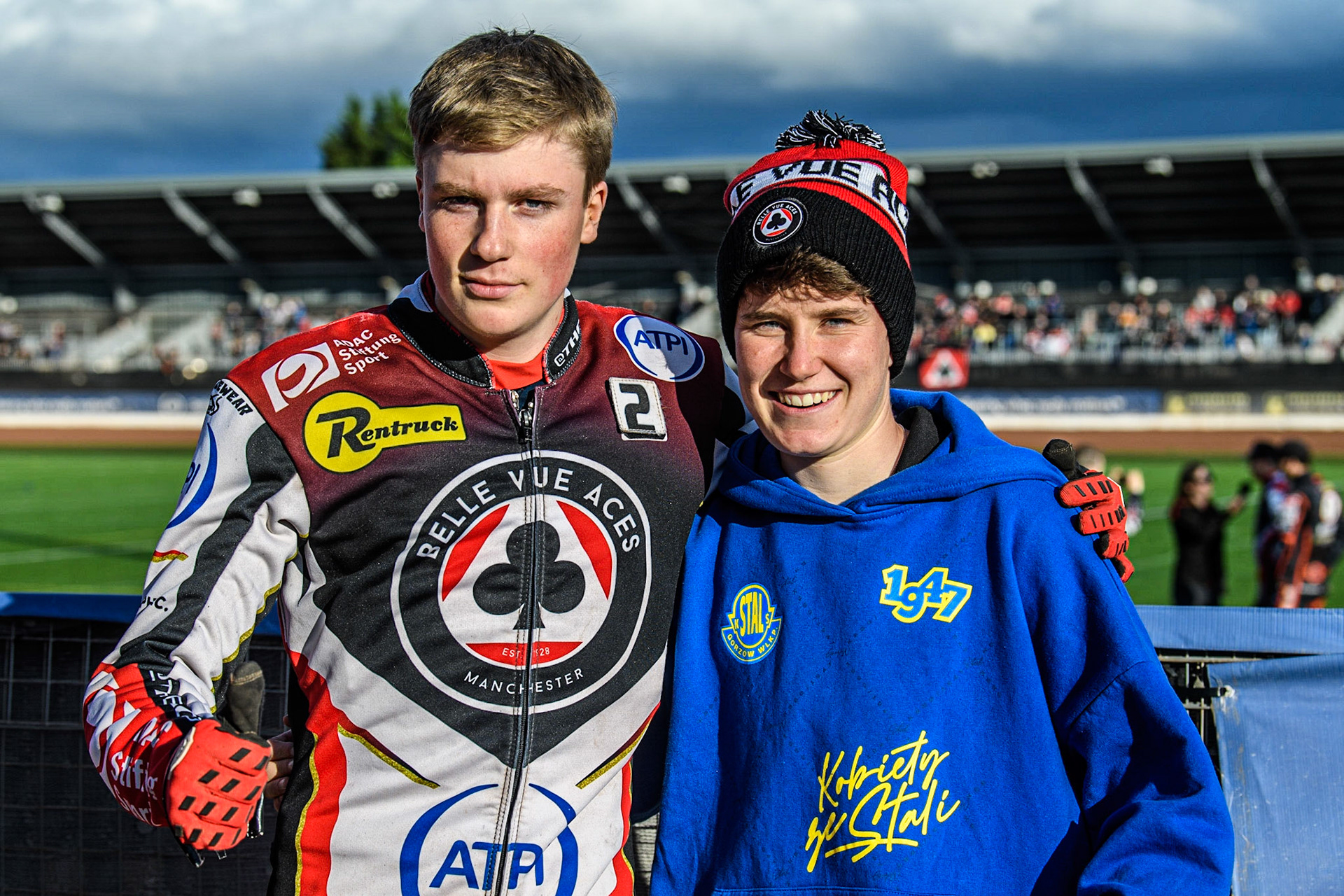 Norick Blodorn (left) with fellow German rider Celina Liebmann during the Sports Insure Premiership match between Belle Vue Aces and Wolverhampton Wolves at the National Speedway Stadium, Manchester on Monday 3rd July 2023. (Photo: Ian Charles | MI News)