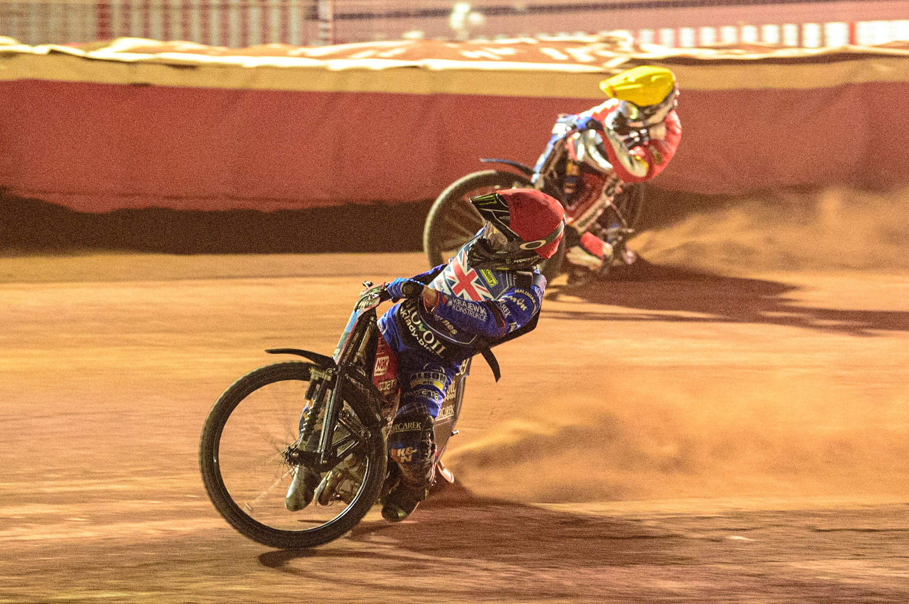 Dan Bewley (Great Britain) (Red) passes Rasmus Jensen (Denmark) (Yellow) during the FIM Speedway Grand Prix Challenge at the Peugeot Ashfield Stadium, Glasgow on Saturday 20th August 2022. (Credit: Ian Charles | MI News)