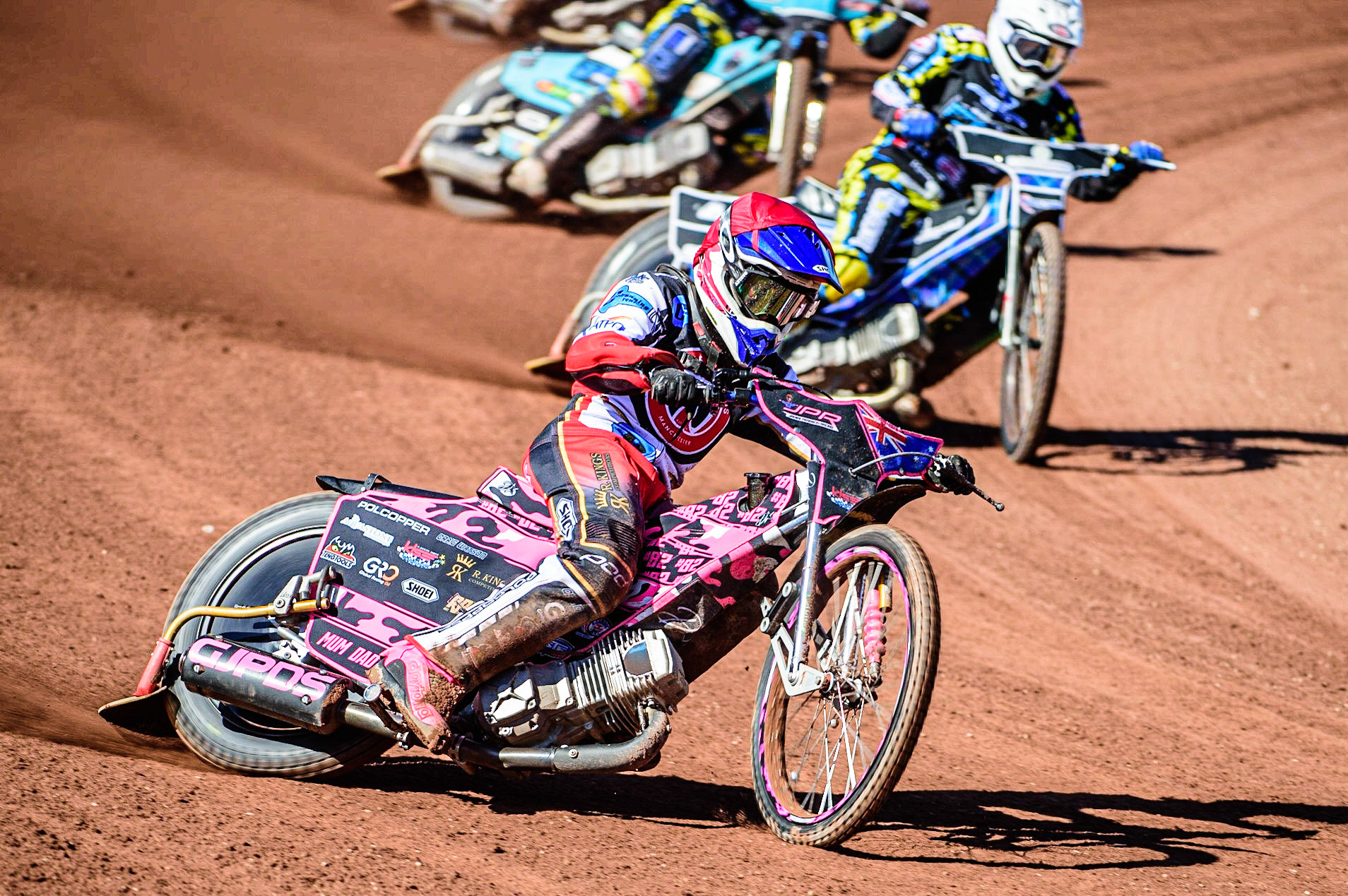 James Pearson   (Red) leads Greg Blair  (White) during the National Development League match between Belle Vue Colts and Berwick Bullets at the National Speedway Stadium, Manchester on Friday 7th April 2023. (Photo: Ian Charles | MI News)