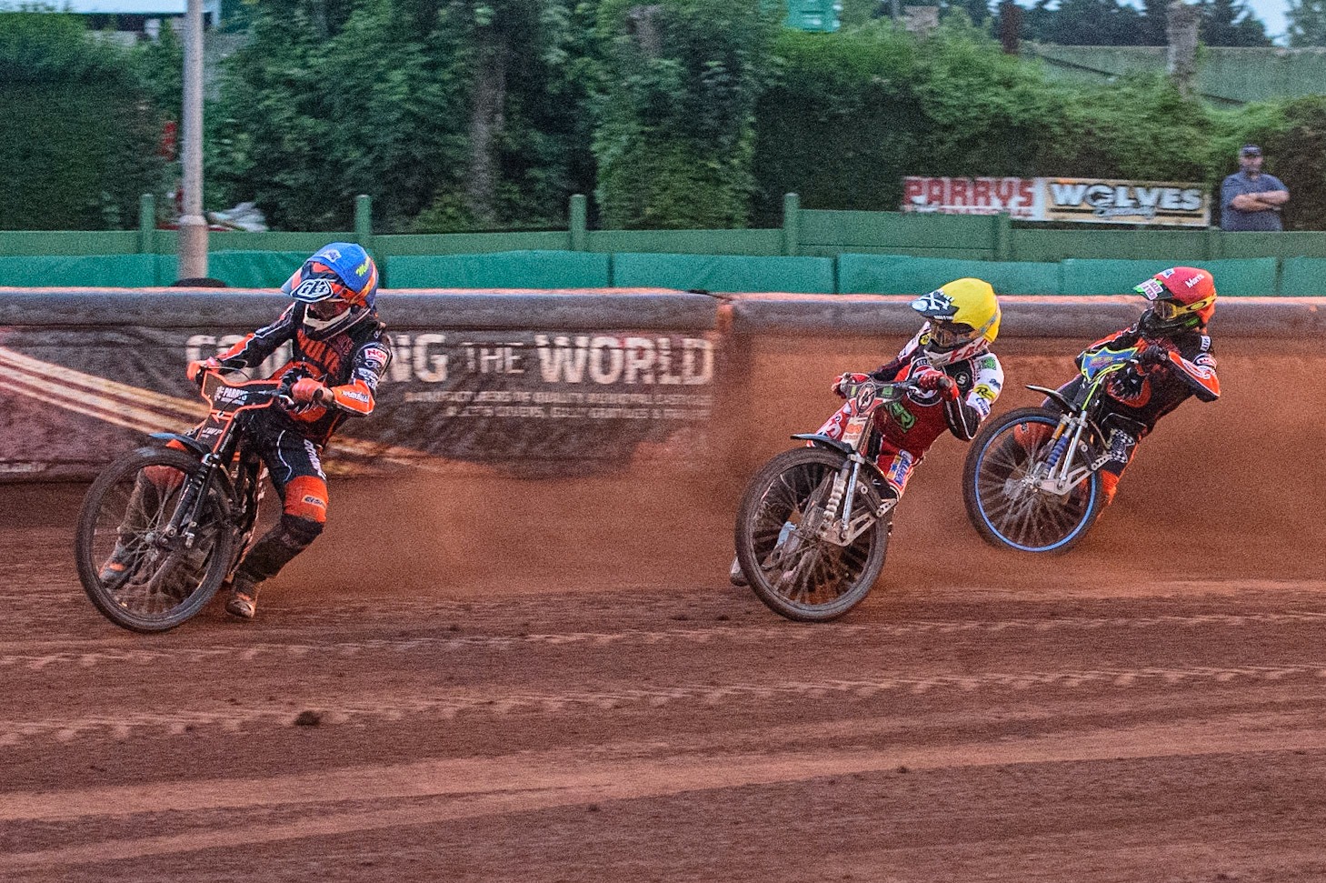 WOLVERHAMPTON, UK. JULY 26TH  Sam Masters  (Blue) leads Steve Worrall (Yellow) and Nick Morris  (Red)during the SGB Premiership match between Wolverhampton Wolves and Belle Vue Aces at the Ladbroke Stadium, Wolverhampton on Monday 26th July 2021. (Credit: Ian Charles | MI News)