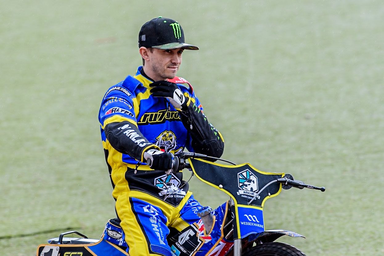 Sheffield Tigers' Jack Holder on the parade lap  during the Rowe Motor Oil Premiership match between Belle Vue Aces and Sheffield Tigers at the National Speedway Stadium, Manchester on Monday 27th May 2024. (Photo: Ian Charles | MI News)