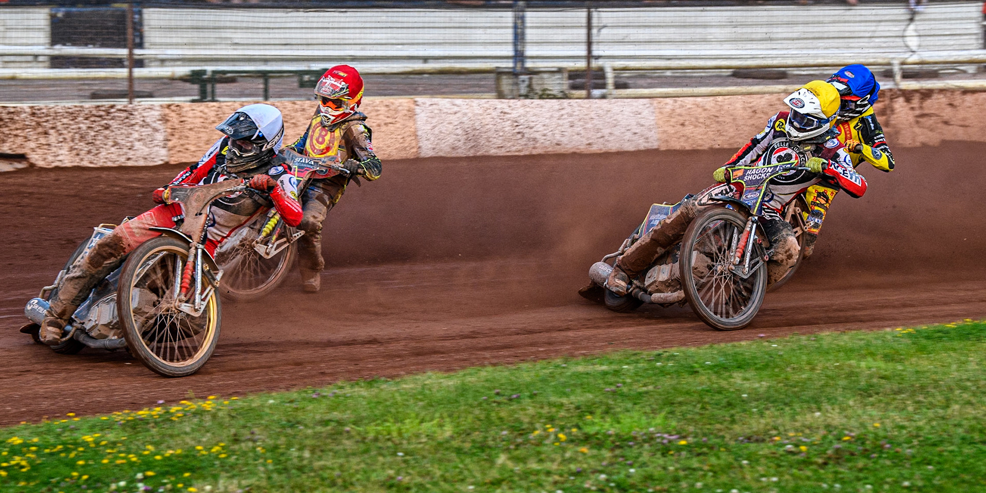Belle Vue Aces' Norick Blodorn in White leading Birmingham Brummies' Michael Palm Toft in Red Belle Vue Aces' Jake Mulford in Yellow and Birmingham Brummies' Leon Flint in Blue during the Rowe Motor Oil Premiership match between Birmingham Brummies and Belle Vue Aces at Perry Bar Stadium, Birmingham on Monday 29th July 2024. (Photo: Ian Charles | MI News)