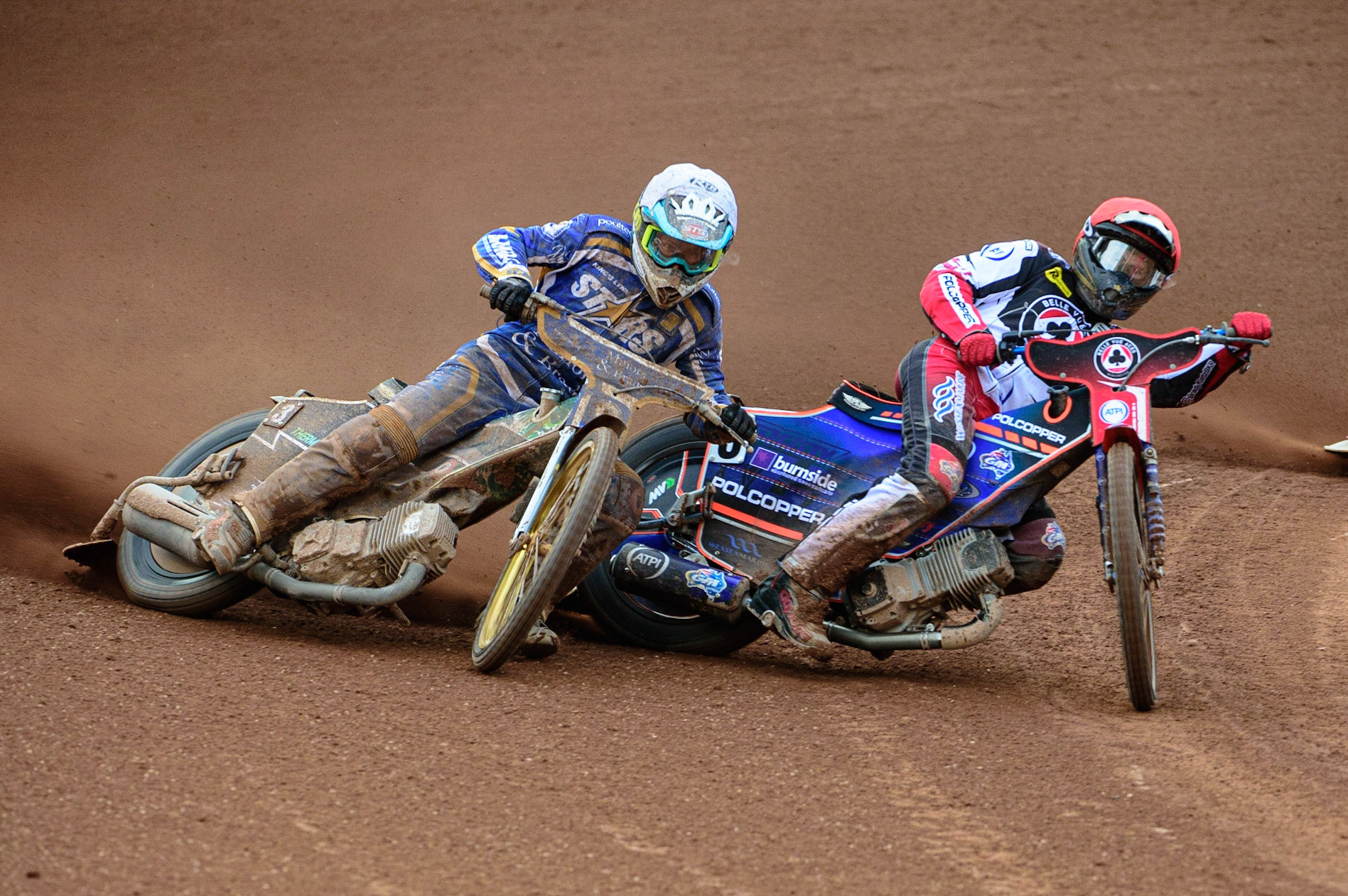 MANCHESTER UK Brady Kurtz  (Red) shoves Richard Lawson (White) out of the way  during the SGB Premiership match between Belle Vue Aces and King's Lynn Stars at the National Speedway Stadium, Manchester on Monday 11th July 2022. (Credit: Ian Charles | MI News)