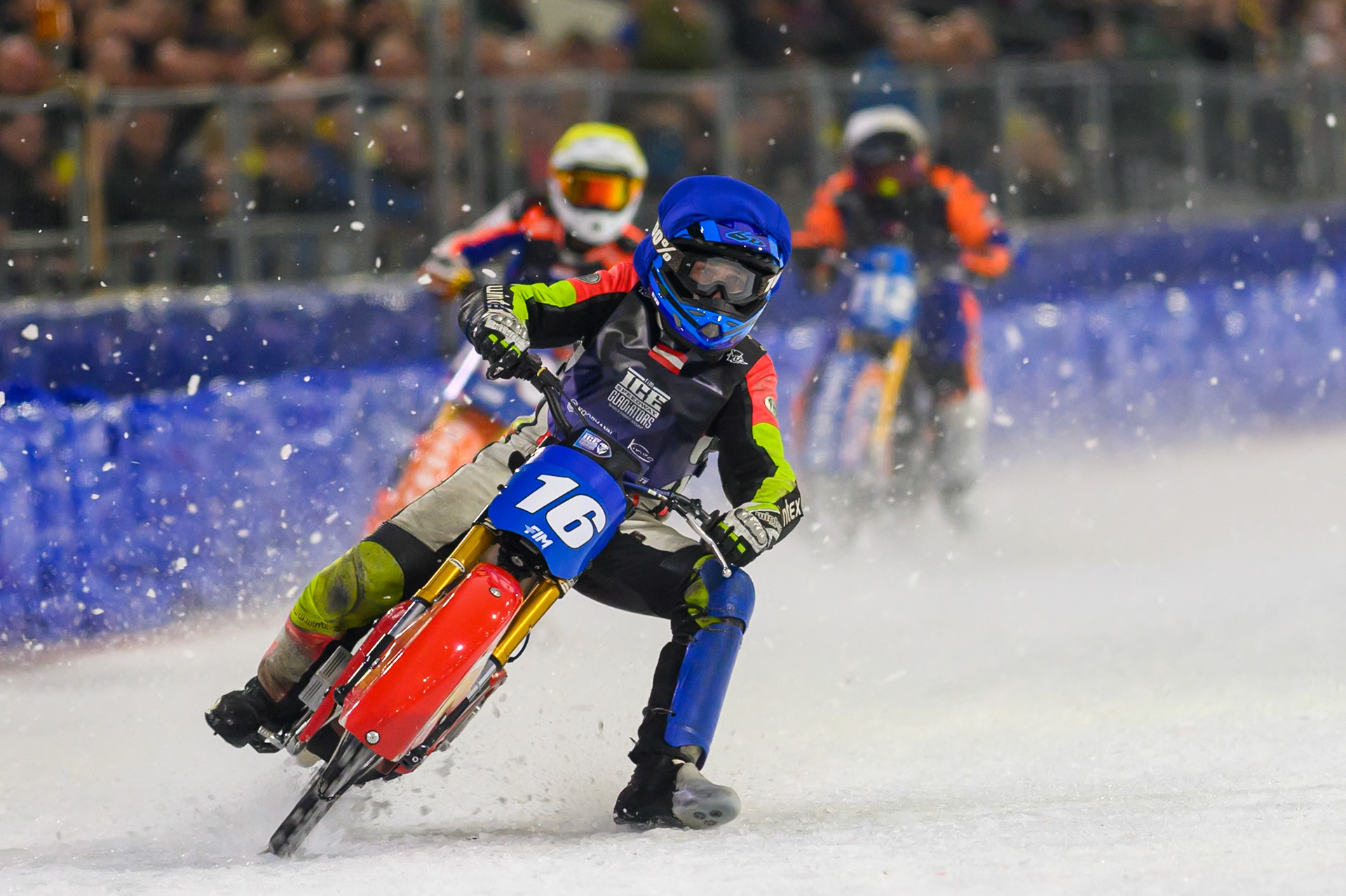 Wild Card Harald Simon (16) of Austria  in Blue leading Jasper Iwema (800) of The Netherlands  in Yellow and Lukas Hutla (212) of Czechia  in White during the FIM Ice Speedway Gladiators World Championship Final 3 at Ice Rink Thialf, Heerenveen on Saturday 11th April 2026. (Photo: Ian Charles | MI News)