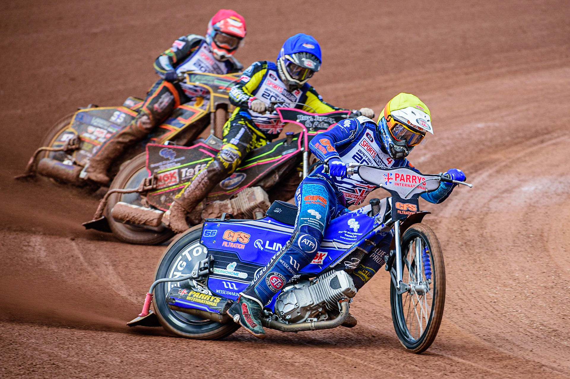 Steve Worrall (Yellow) leads Leon Flint  (Blue), and Connor Mountain  (Red) during the Sports Insure British Speedway Final, at the National Speedway Stadium, Manchester, on Sunday 18th September 2022. (Credit: Ian Charles | MI News )