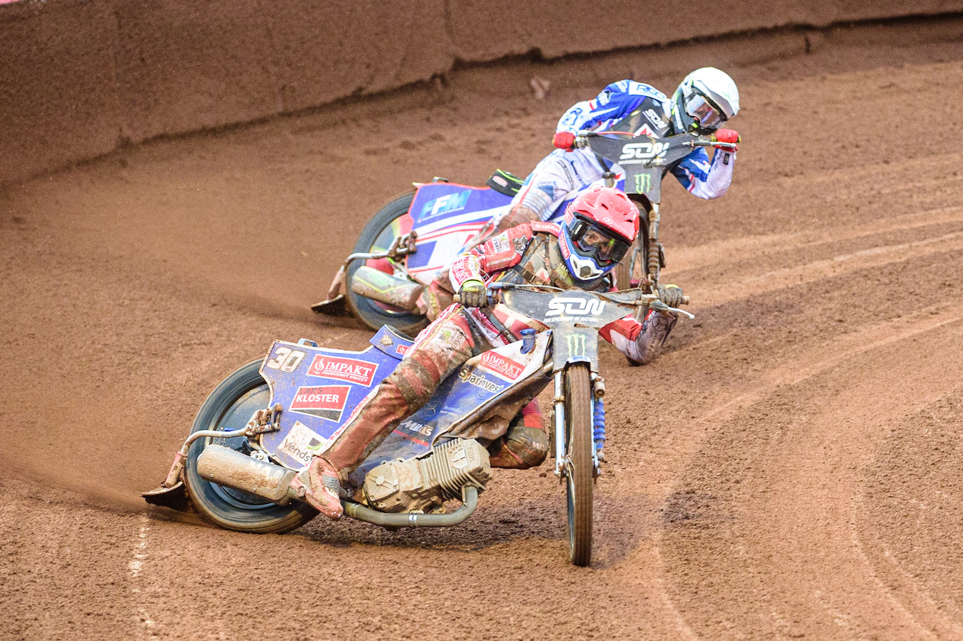MANCHESTER, UK. OCT 17TH Leon Madsen of Denmark (Red) leads David Bellego of France (White) during the Monster Energy FIM Speedway of Nations at the National Speedway Stadium, Manchester on Sunday  17th October 2021. (Credit: Ian Charles | MI News)