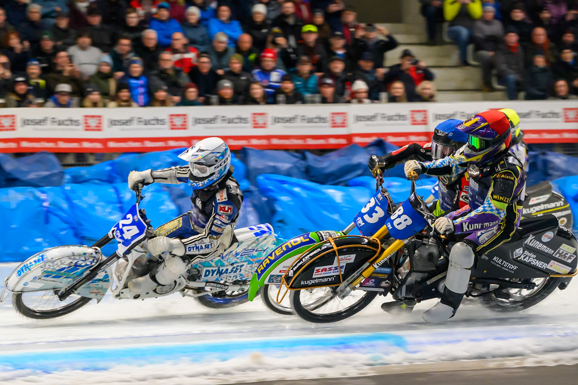 Max Koivula (24) of Finland in White leading Johann Weber (33) of Germany in Blue and Max Niedermaier (88) of Germany  in Red  in the re-run of Heat 1 during the Ice Speedway Gladiators World Championship Final 2 at Max-Aicher-Arena, Inzell on Sunday 15th March 2026. (Photo: Ian Charles | MI News)