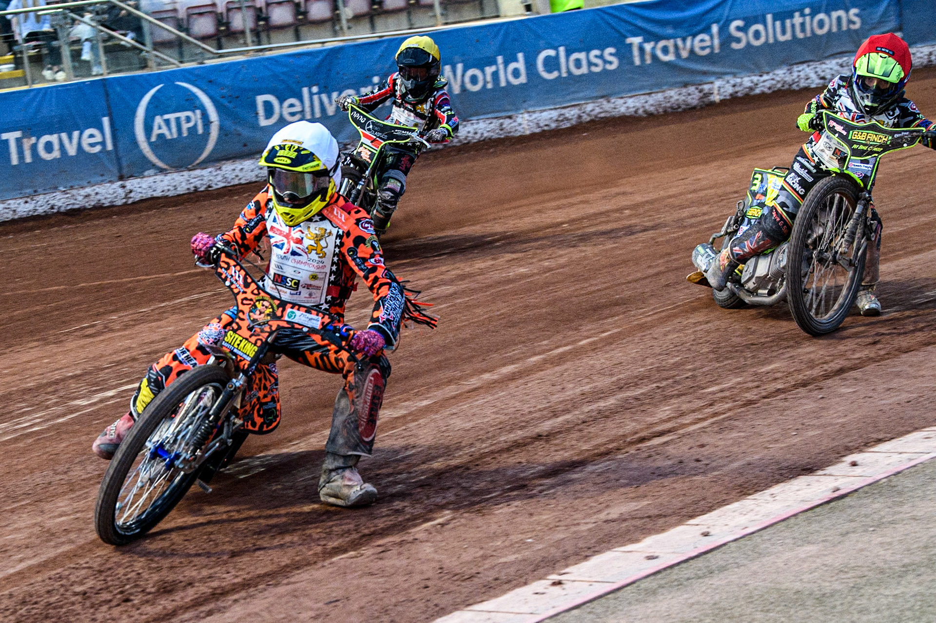 Cooper Rushen (250cc) in White leading Archie Rolph (250cc) in Red and Seth Norman (250cc) in Yellow during the British Youth 250cc Championships at the National Speedway Stadium, Manchester on Friday 30th August 2024. (Photo: Ian Charles | MI News)