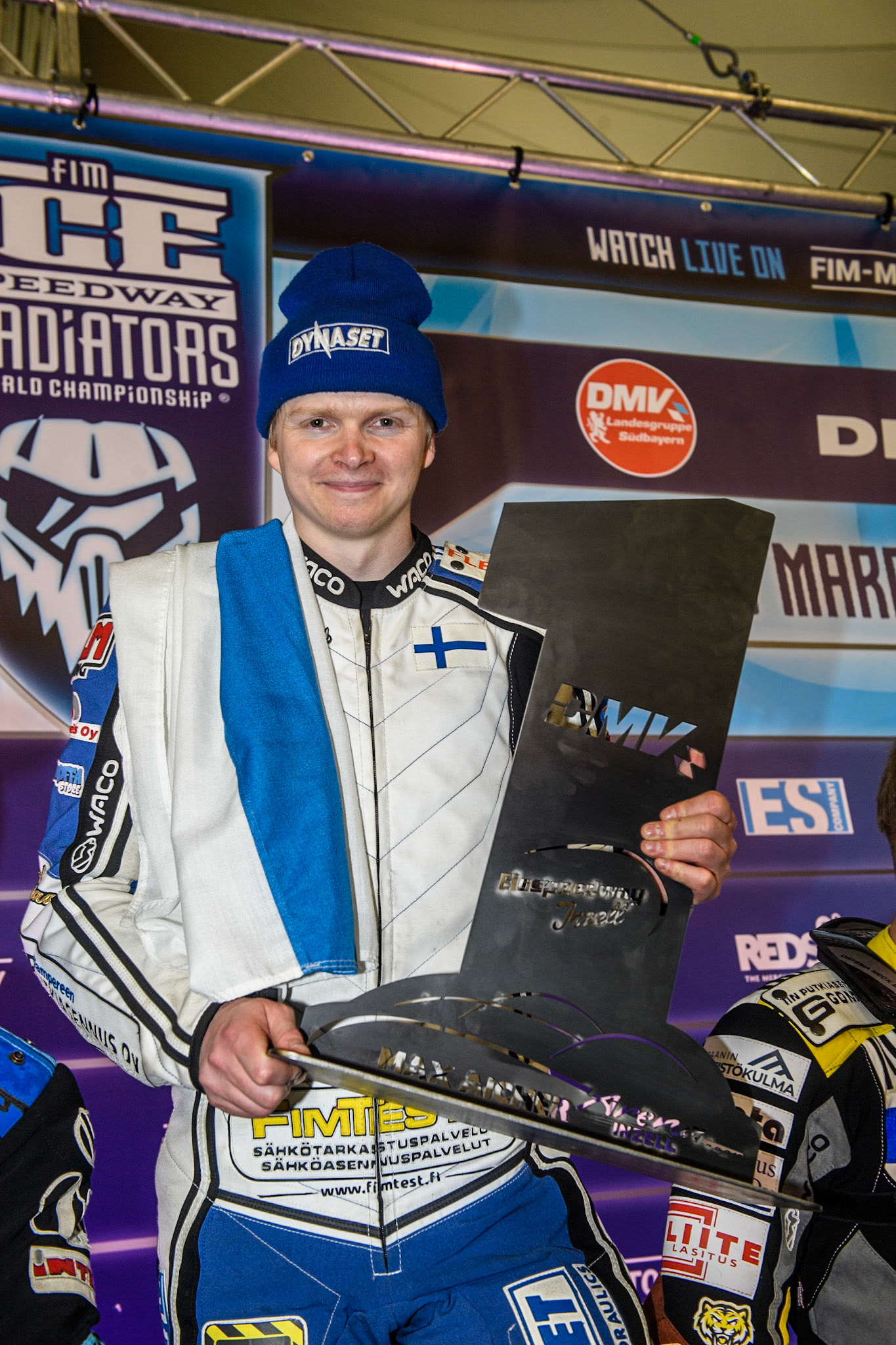 Max Koivula (24) of Finland winner of Final 1 holds his trophy during the Ice Speedway Gladiators World Championship Final 1 at Max-Aicher-Arena, Inzell on Saturday 15th March 2025. (Photo: Ian Charles | MI News)