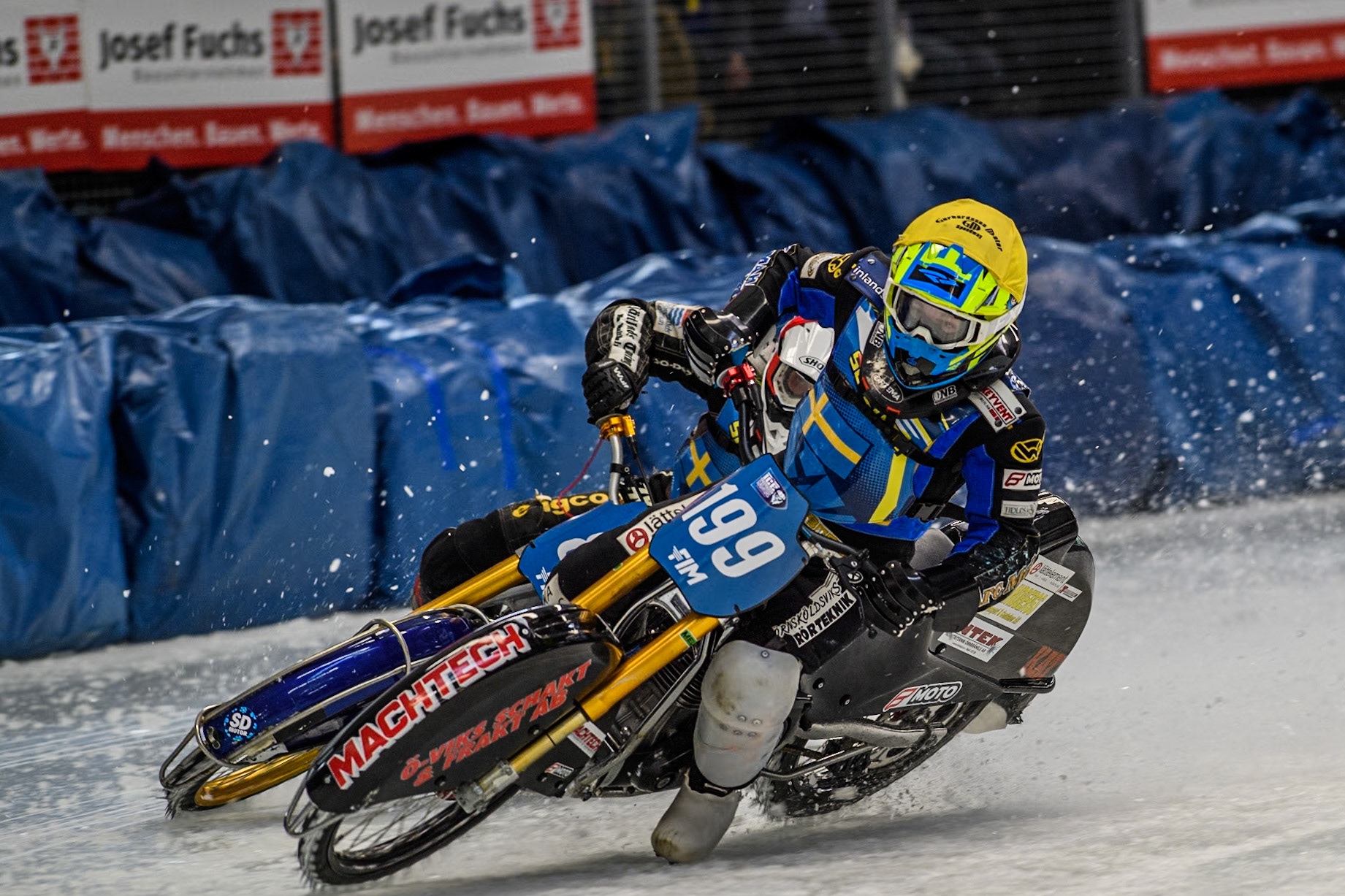 Sweden's Martin Haarahiltunen (199)  gets into difficulty and manages to correct it during the FIM Ice Speedway Gladiators World Championship Final 2 at the Max-Aicher-Arena, Inzell on Sunday 24 March 2024. (Photo: Ian Charles | MI News)