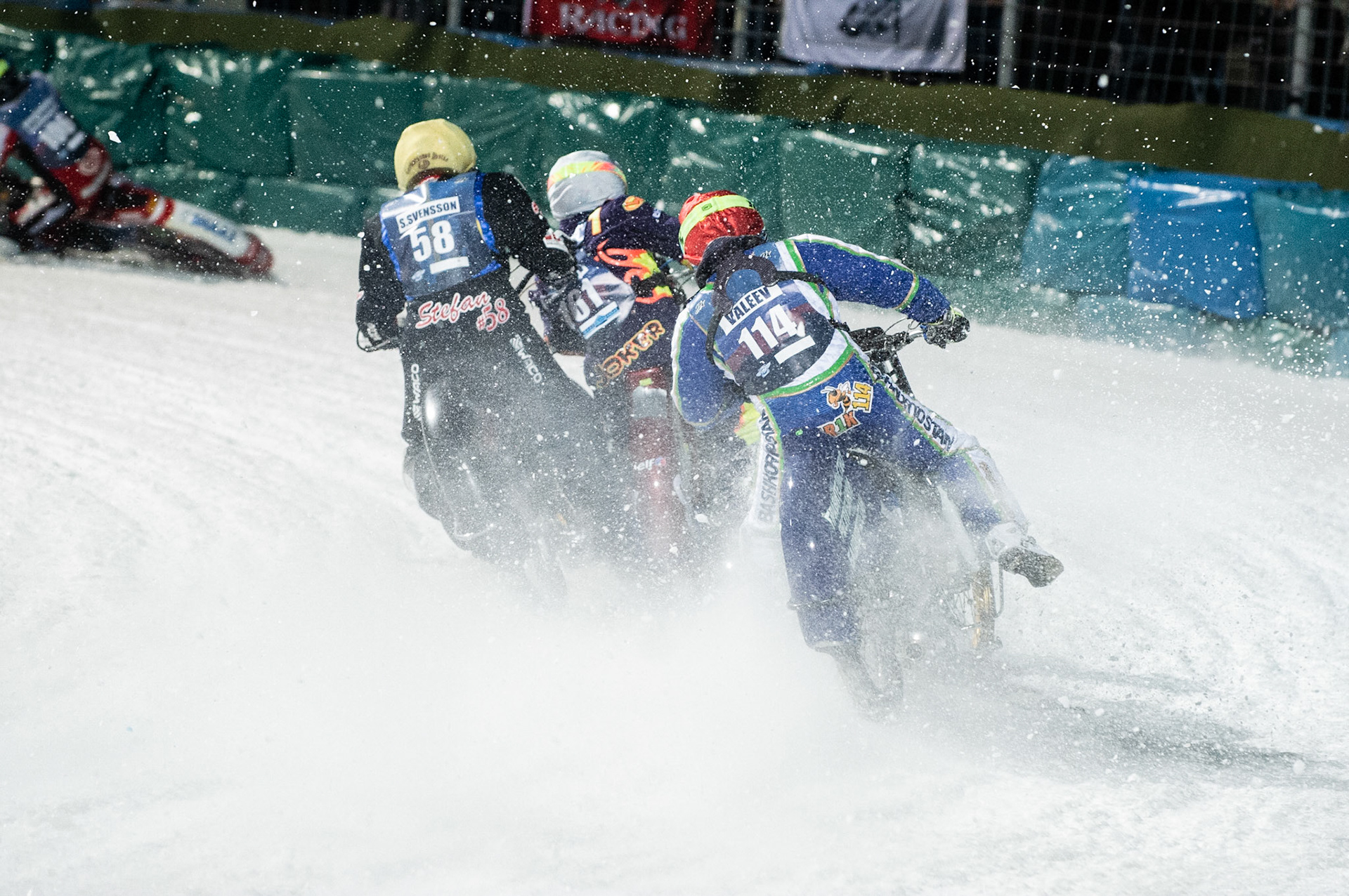 Photo: Ian Charles

Stefan Svensson (58) hits a rut inside Andrei Shishegov (181) and Dinar Valeev (114) causing Shishegov to fall

FIM Ice Speedway Gladiators World Championship, Final 3.1, Horst-Dohm Eisstadion, Berlin, Germany Saturday  2  March  2019