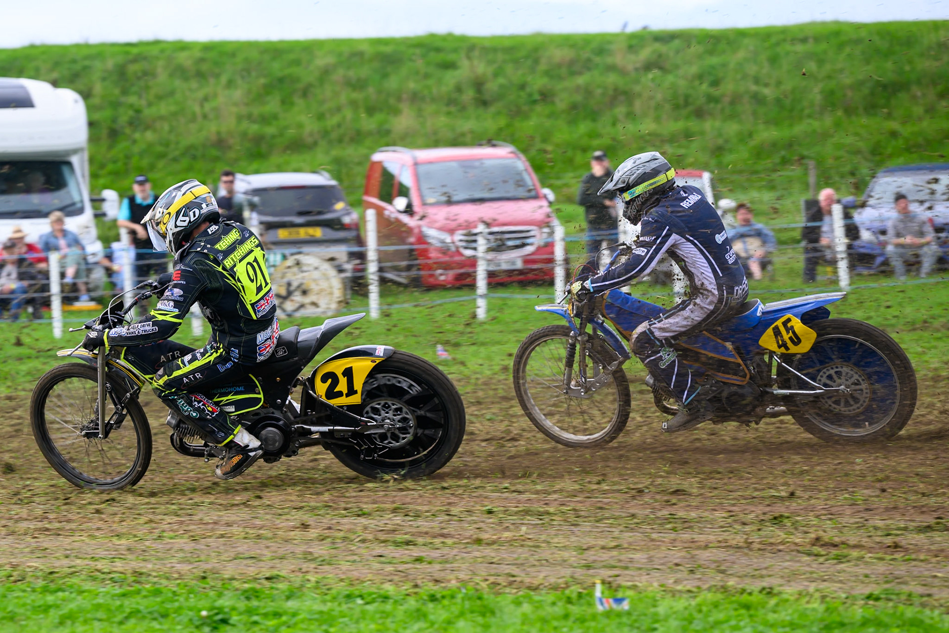 British Masters (Solos): Darryl Ritchings (21) leading Ryan Ashcroft (45) during the British Masters Grasstrack Championship at Lower Marsh Farm, Much Hoole, Preston in Lancashire, England on Sunday 13th September 2026. (Photo: Ian Charles | MI News)