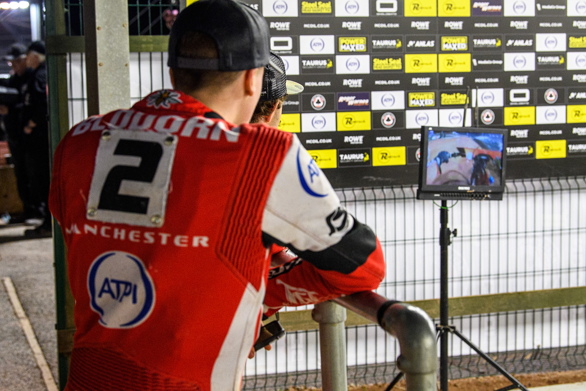 Belle Vue Aces' Norick Blodorn  watches the TV Monitor during the Rowe Motor Oil Premiership Play Off Semi Final 2, 1st Leg match between Belle Vue Aces and Sheffield Tigers at the National Speedway Stadium, Manchester on Monday 16th September 2024. (Photo: Ian Charles | MI News)