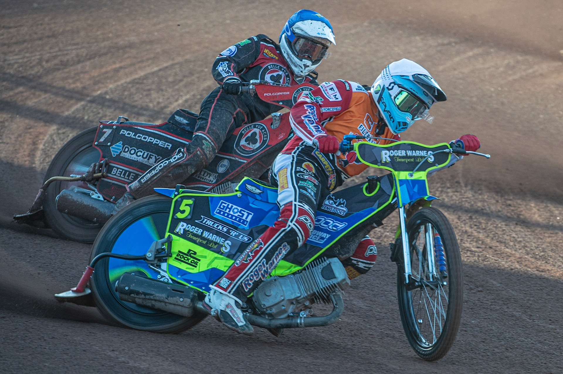 Photo: Ian Charles

Troy Batchelor  (White) leads Jaimon Lidsey (Blue)

Belle Vue Aces v Swindon Robins, British Speedway Premiership, Belle Vue National Speedway Stadium, Manchester, Monday 20  May  2019
